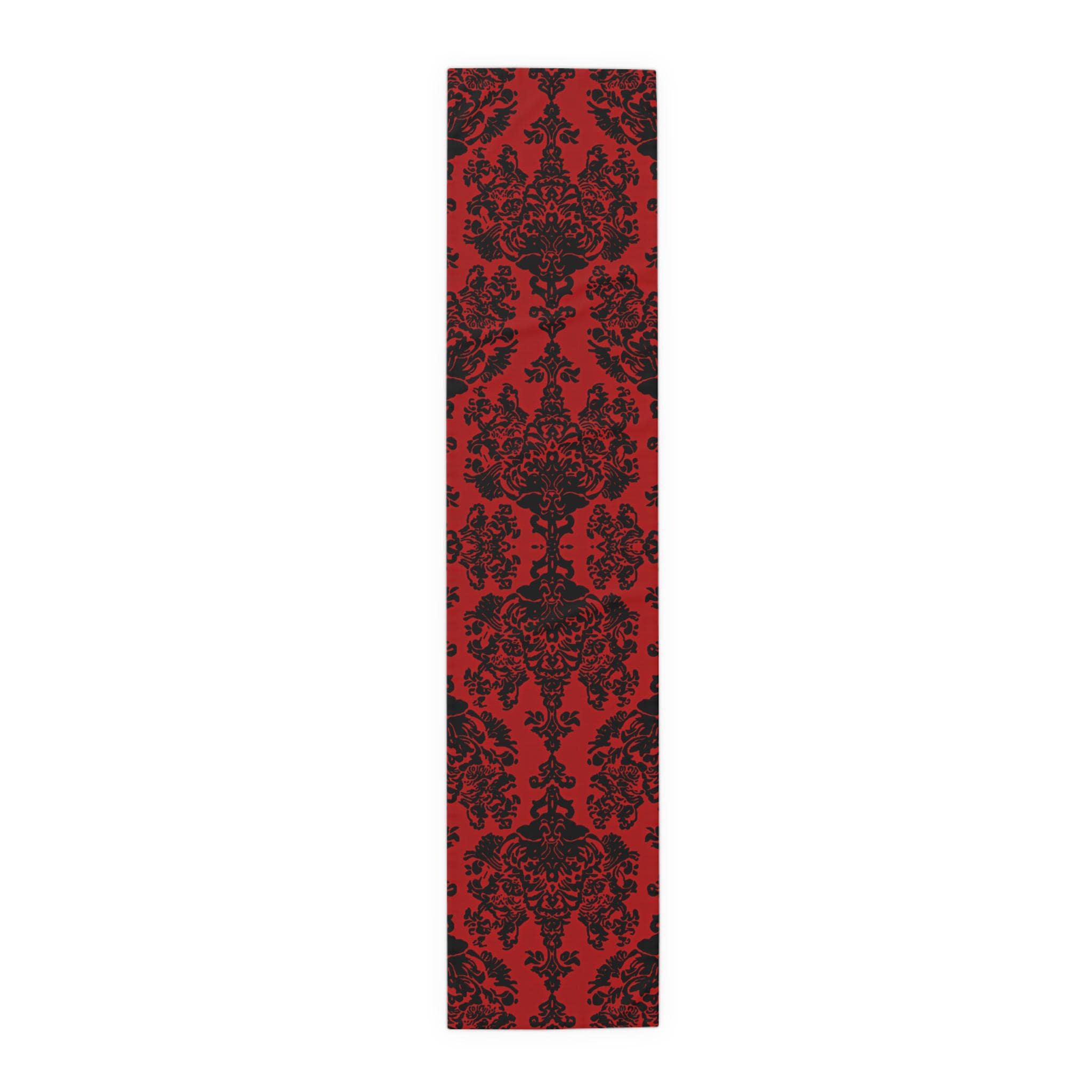 Elegant Gothic Damask Table Runner, Black & Crimson Vampire-Inspired Dining Decor for Romantic Ambiance