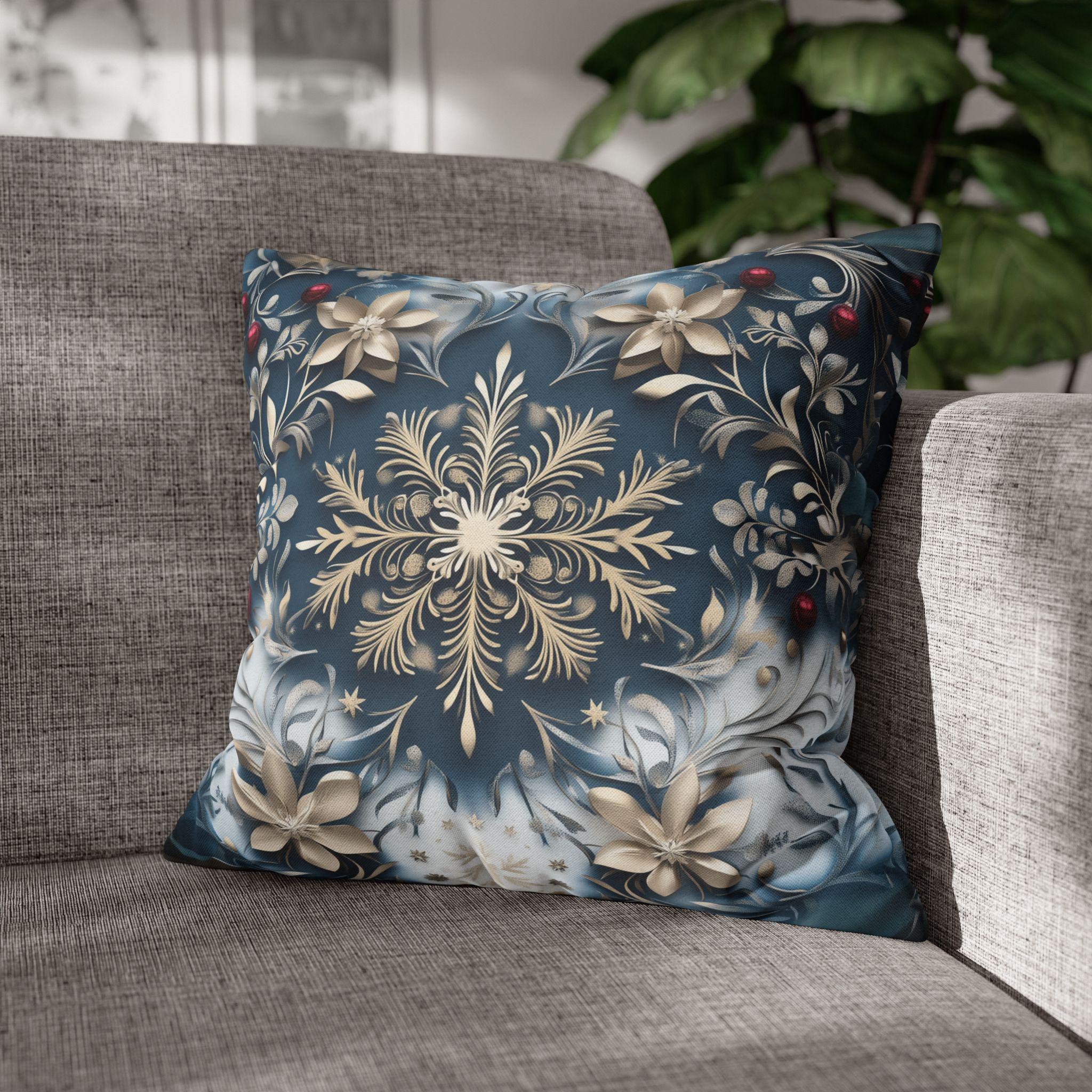 Opulent Golden Snowflake Pillowcase: Festive Winter Decor, Luxurious Square Cushion Cover for Elegant Homes