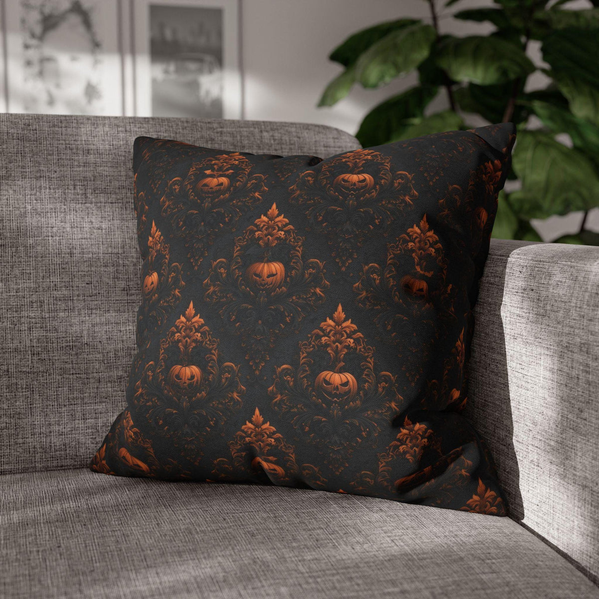 Gothic Halloween Pillow Cover: Jack-o-Lantern Damask in Black and Burnt Orange