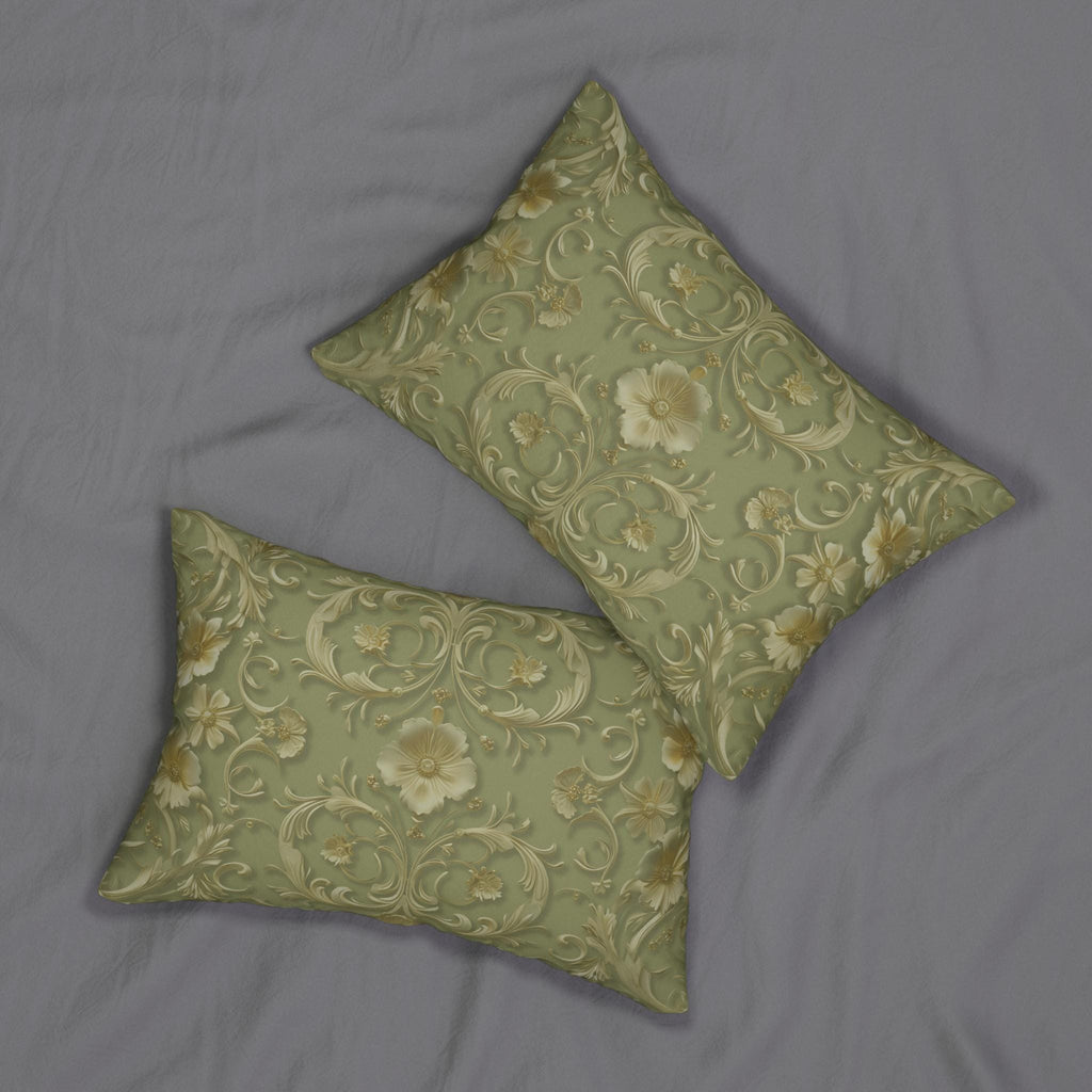 Elegant French Floral Lumbar Pillow - Sage Green with Pale Gold Intricate Design