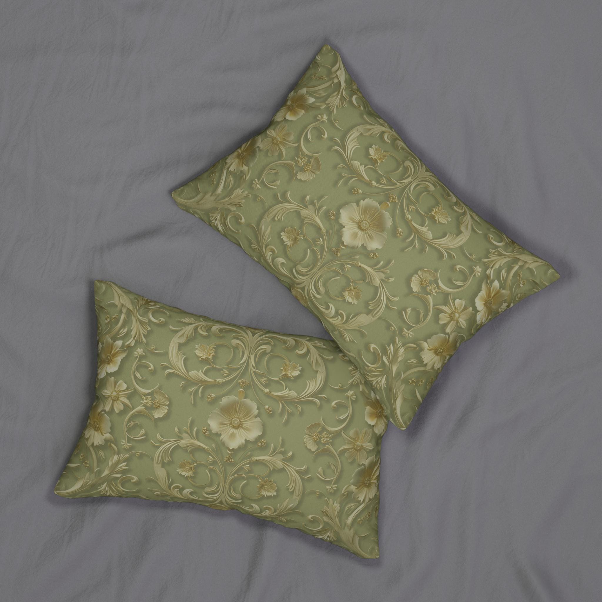 Elegant French Floral Lumbar Pillow - Sage Green with Pale Gold Intricate Design