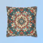 Traditional Turkish Kilim-Inspired Pillow Cover: Vibrant Teal Medallion Design Square Cushion