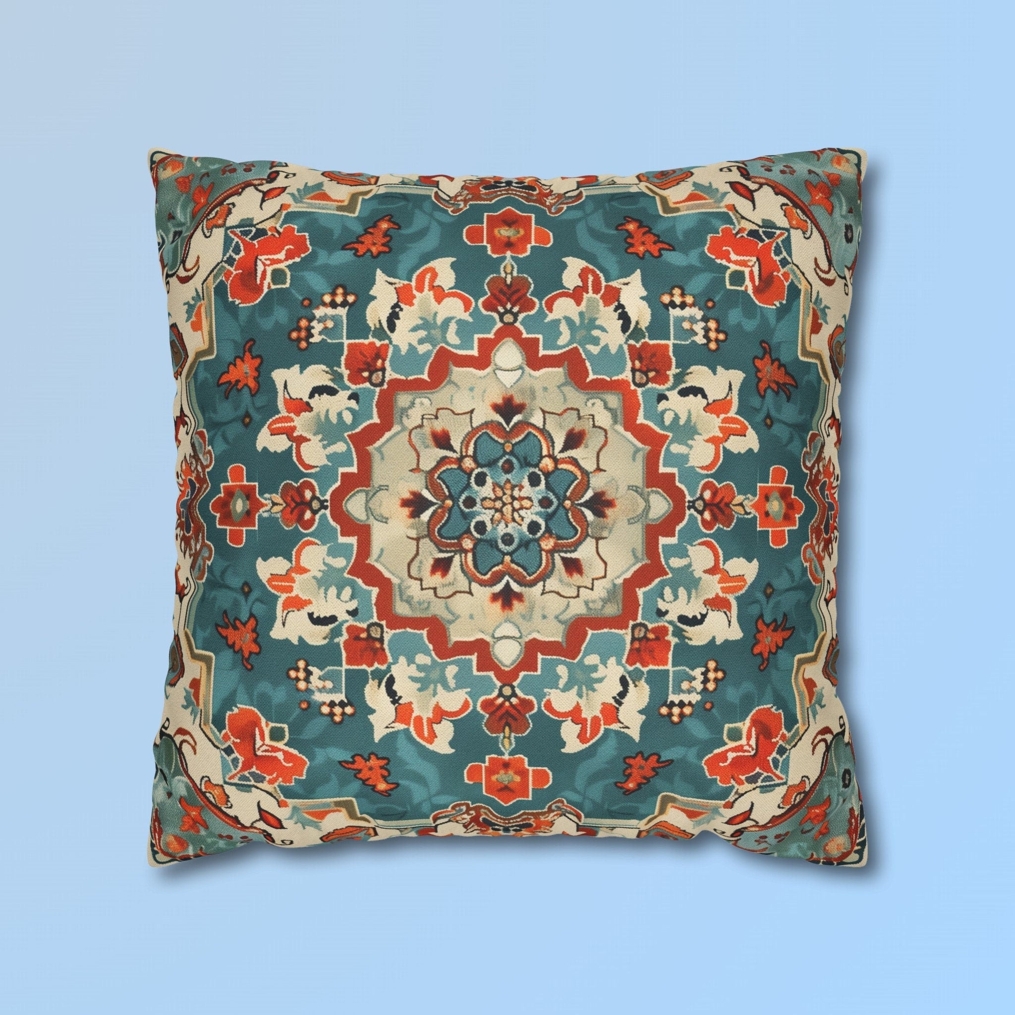 Traditional Turkish Kilim-Inspired Pillow Cover: Vibrant Teal Medallion Design Square Cushion