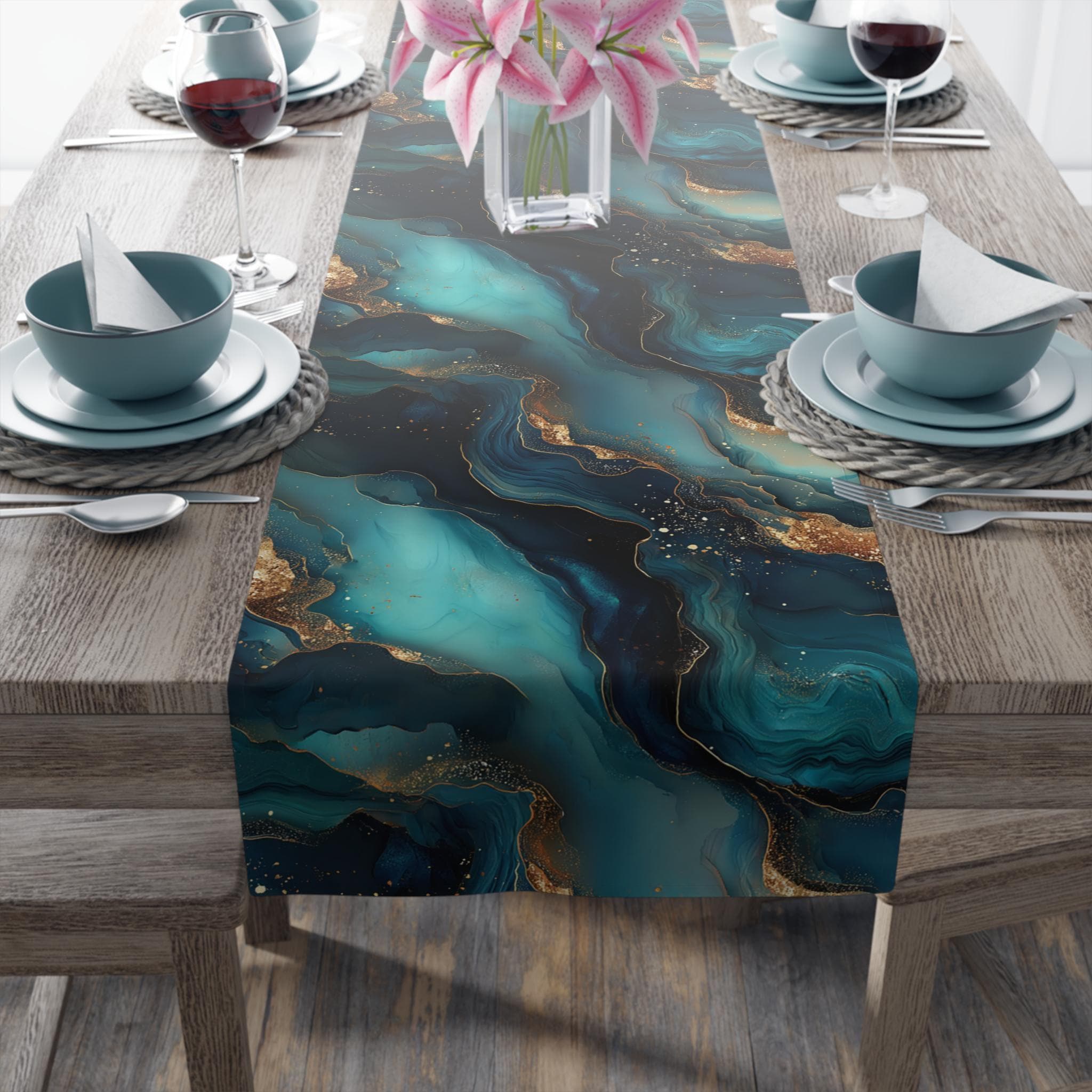 Modern Abstract Ocean Waves Table Runner: Teal, Navy and Gold Coastal Luxe Decor
