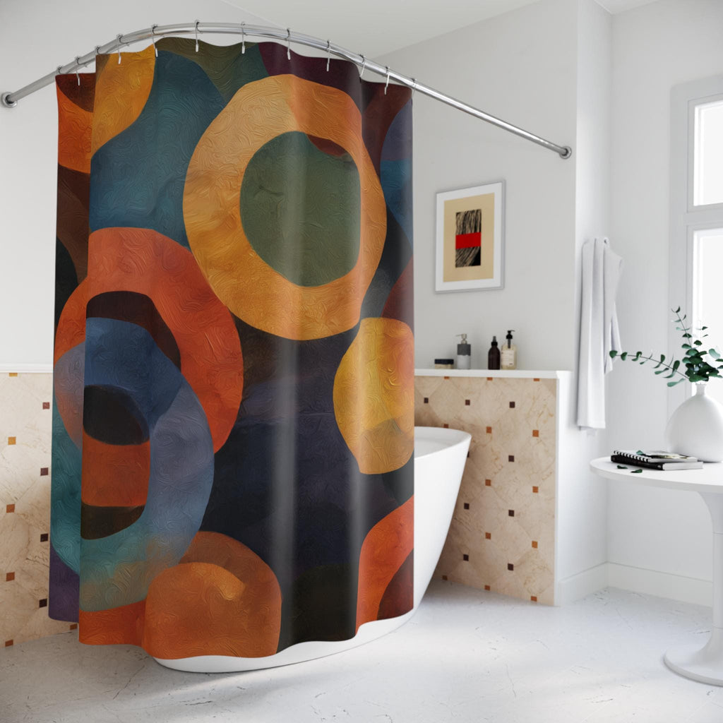 Retro Bold Circle Pattern Fabric Shower Curtain: Burnt Orange, Gold, Teal on Black Background