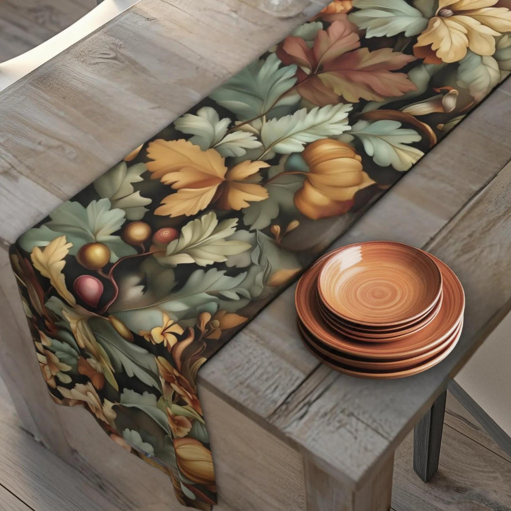 William Morris Inspired Autumn Botanical Table Runner: Charcoal, Sage, and Gold Fall Dining Decor