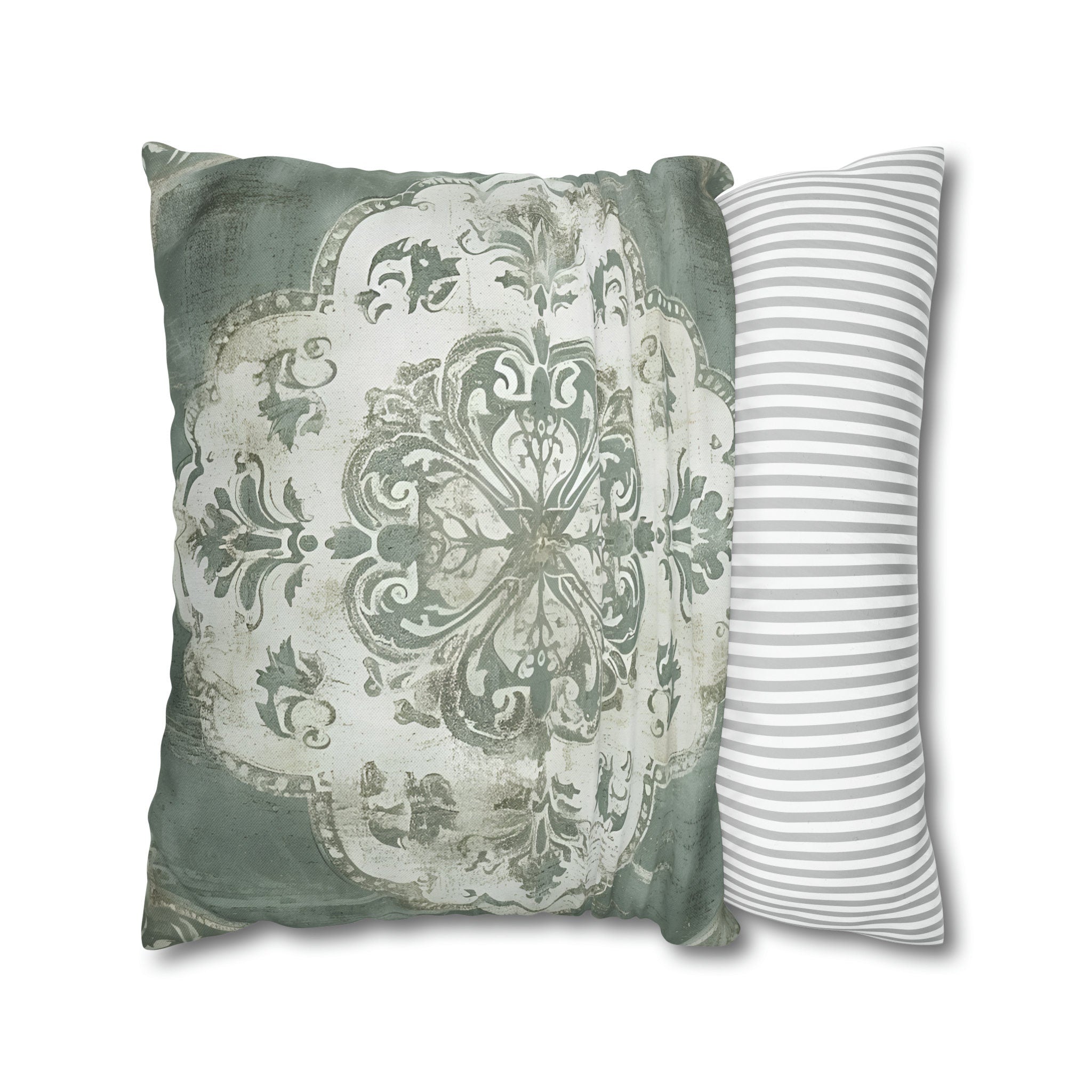Vintage-Inspired French Farmhouse Pillow Cover: Faded White Medallion on Sage Green, Rustic Elegance