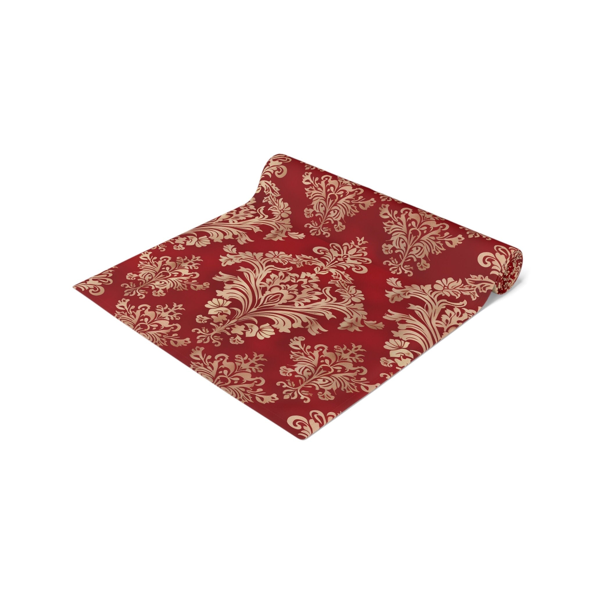 Red and Gold Damask Table Runner: Elegant Holiday Dining Decor
