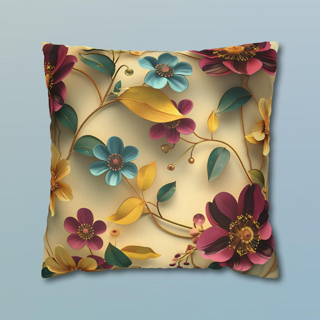 Botanical Floral Square Throw Pillow Cover: Teal, Marigold, Plum on Warm Beige Cushion Case