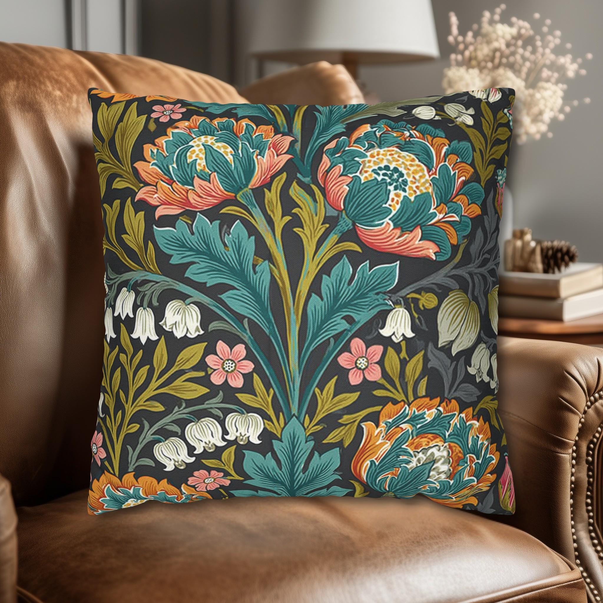 William Morris Style Throw Pillow Cover: Moody Teal Coral Botanical