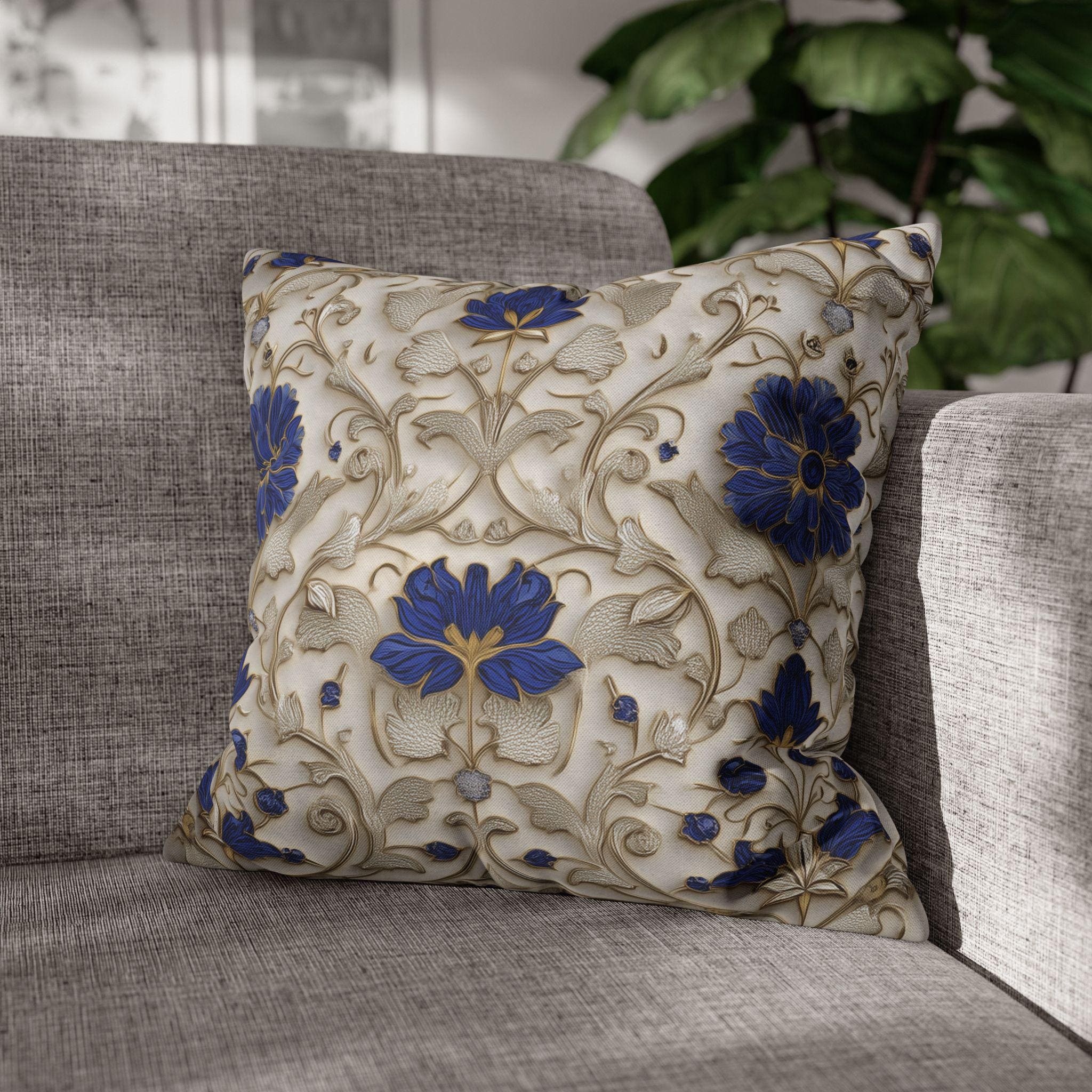 Elegant Cobalt and Gold Baroque Pillow Cover: Blue and Cream Decorative Accent Cushion