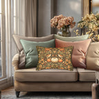 Pumpkin Thief Fall Lumbar Pillow: William Morris Inspired Songbirds, Pumpkins, Autumn Flowers (20"x14")