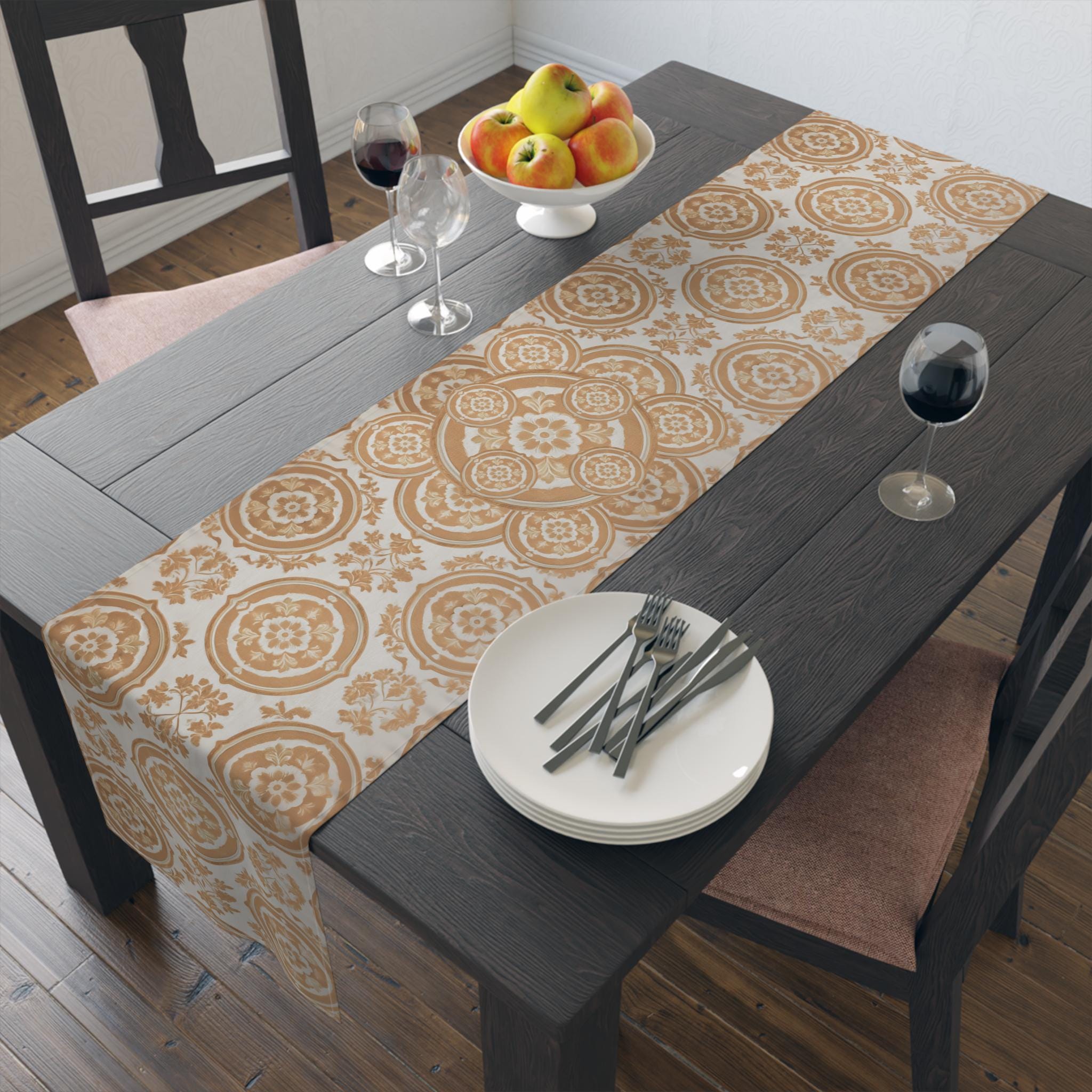 Elegant Terracotta & Ivory Damask Table Runner: French Country Farmhouse Dining Decor