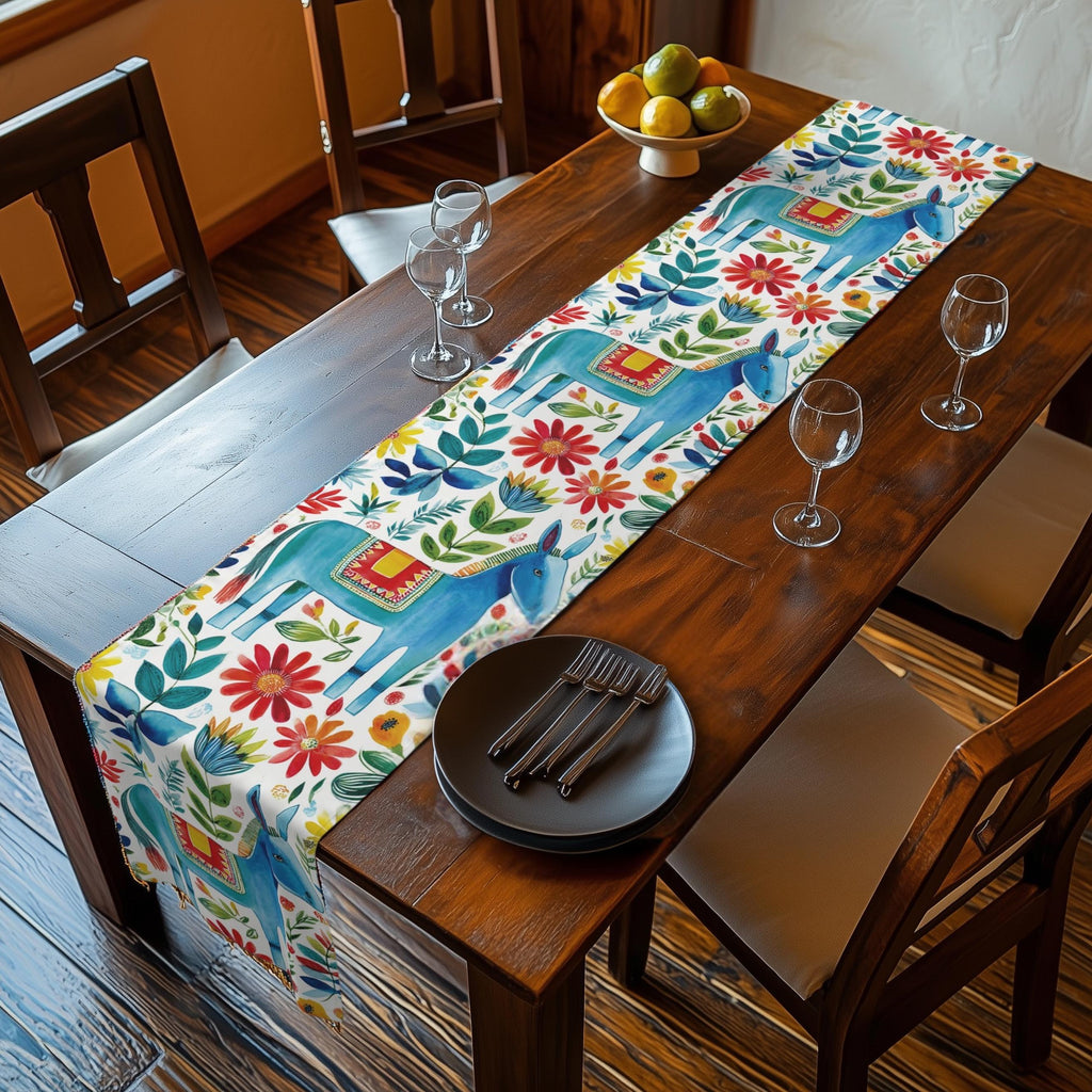 Otomi Table Runner: Blue Donkey Mexican Style Folk Art Floral Decor
