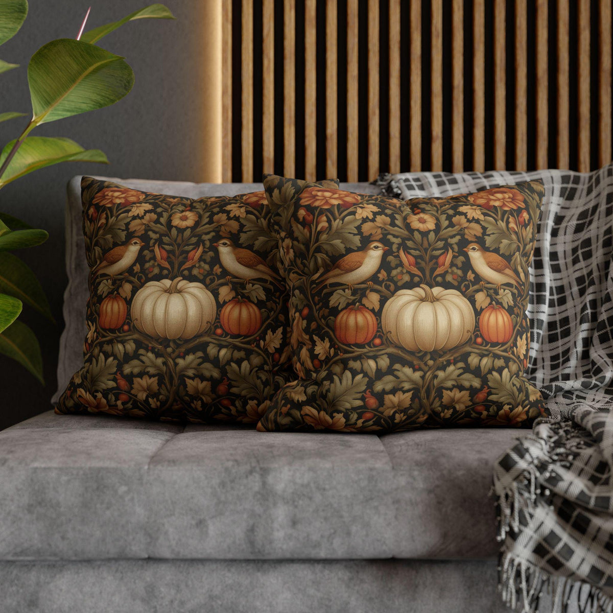 Pumpkin Thief Pillow Cover: William Morris Inspired Autumn Botanical Birds
