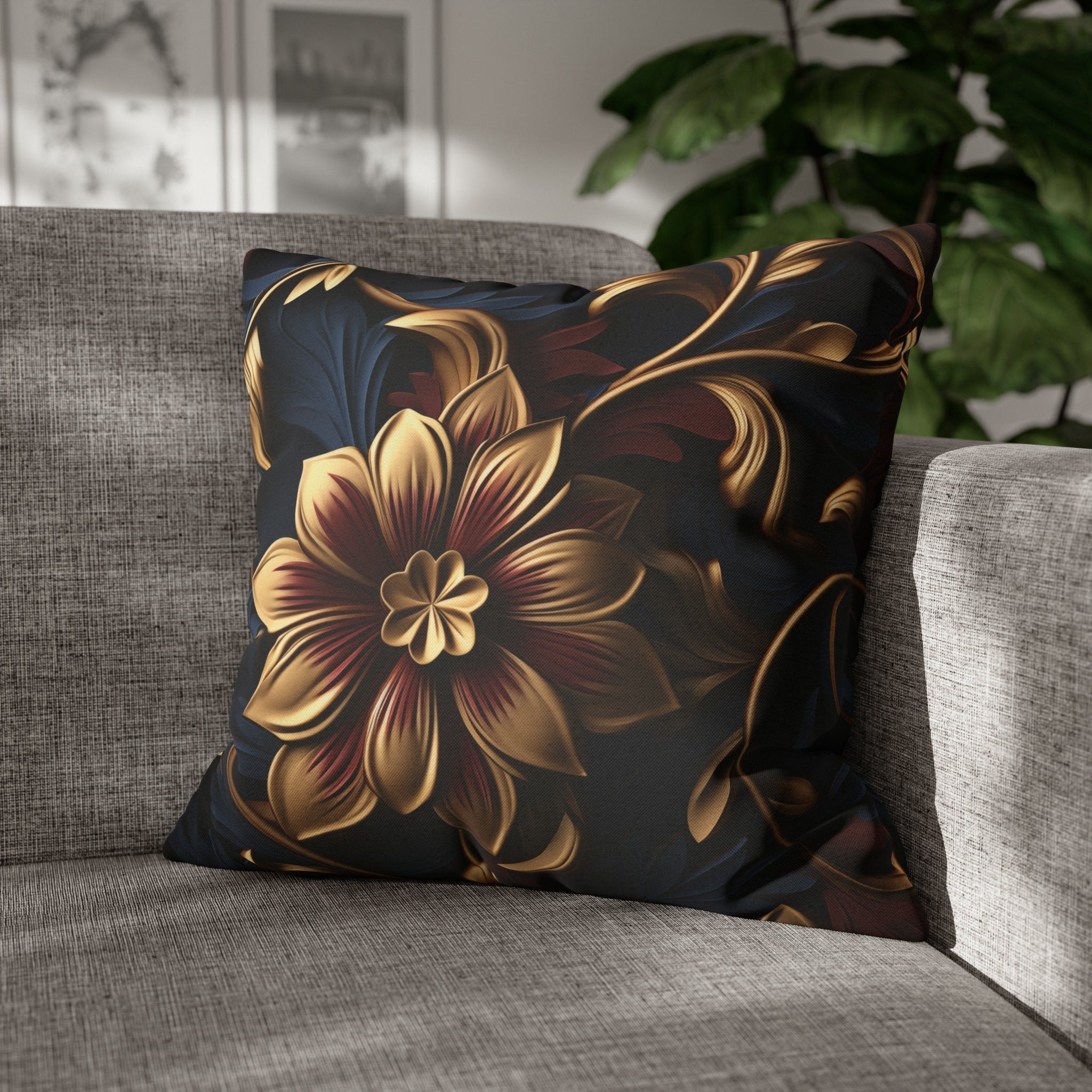 Luxurious Baroque Floral Pillow Cover: Burgundy & Gold on Navy Background, Ornate Design