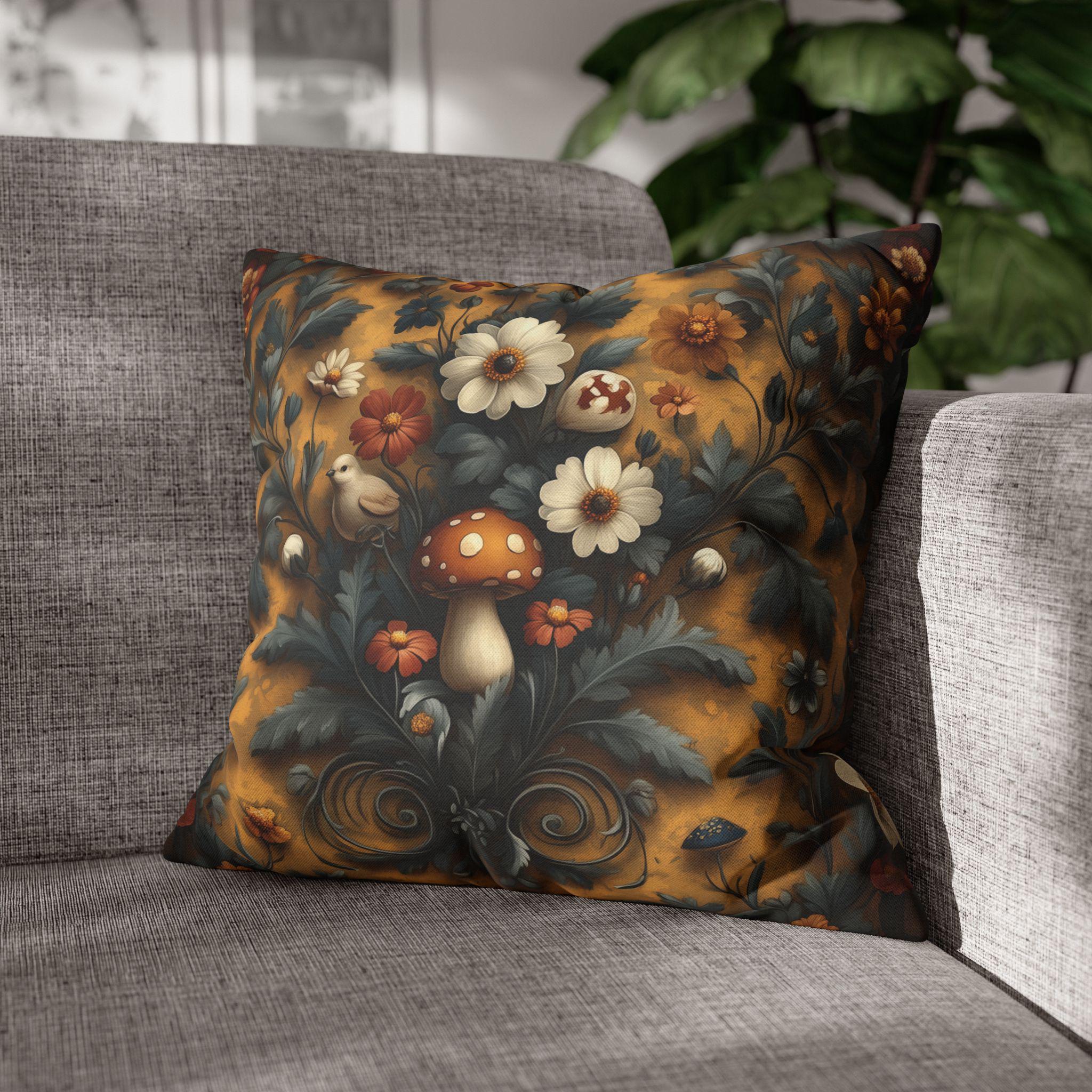 William Morris Inspired Woodland Mushroom Pillow Cover: Autumn Floral Art on Gold Background
