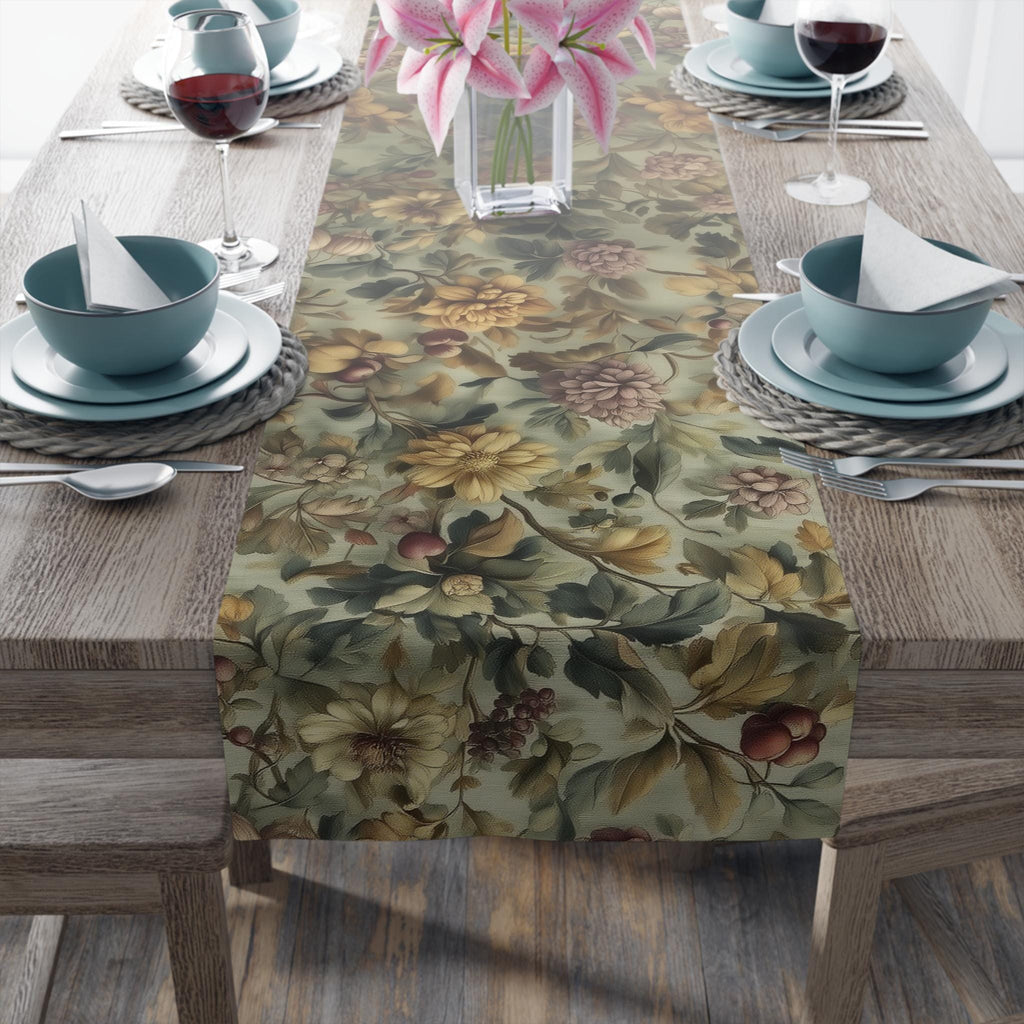 William Morris Inspired Botanical Table Runner: Sage, Wine & Wheat Hue