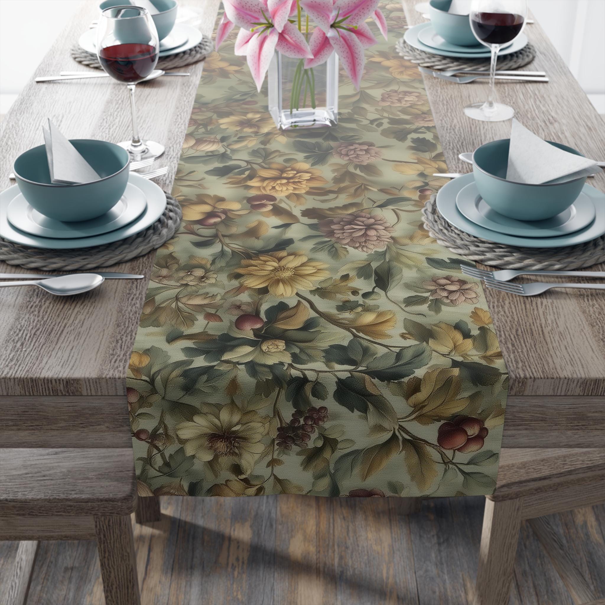 William Morris Inspired Botanical Table Runner: Sage, Wine & Wheat Hue