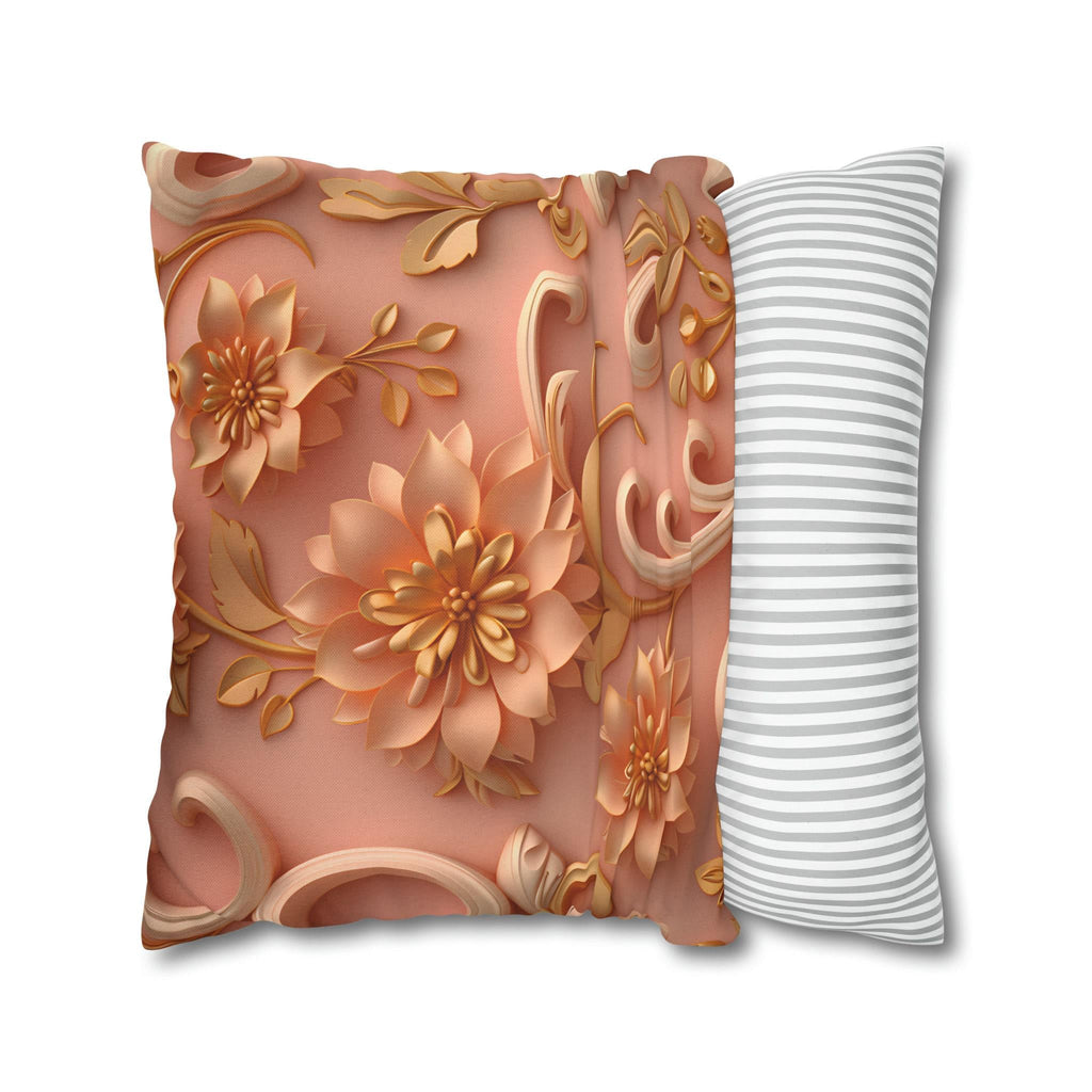 Peach Floral Rococo Pillow Cover: Gold Botanical Accent, Luxury Home Decor
