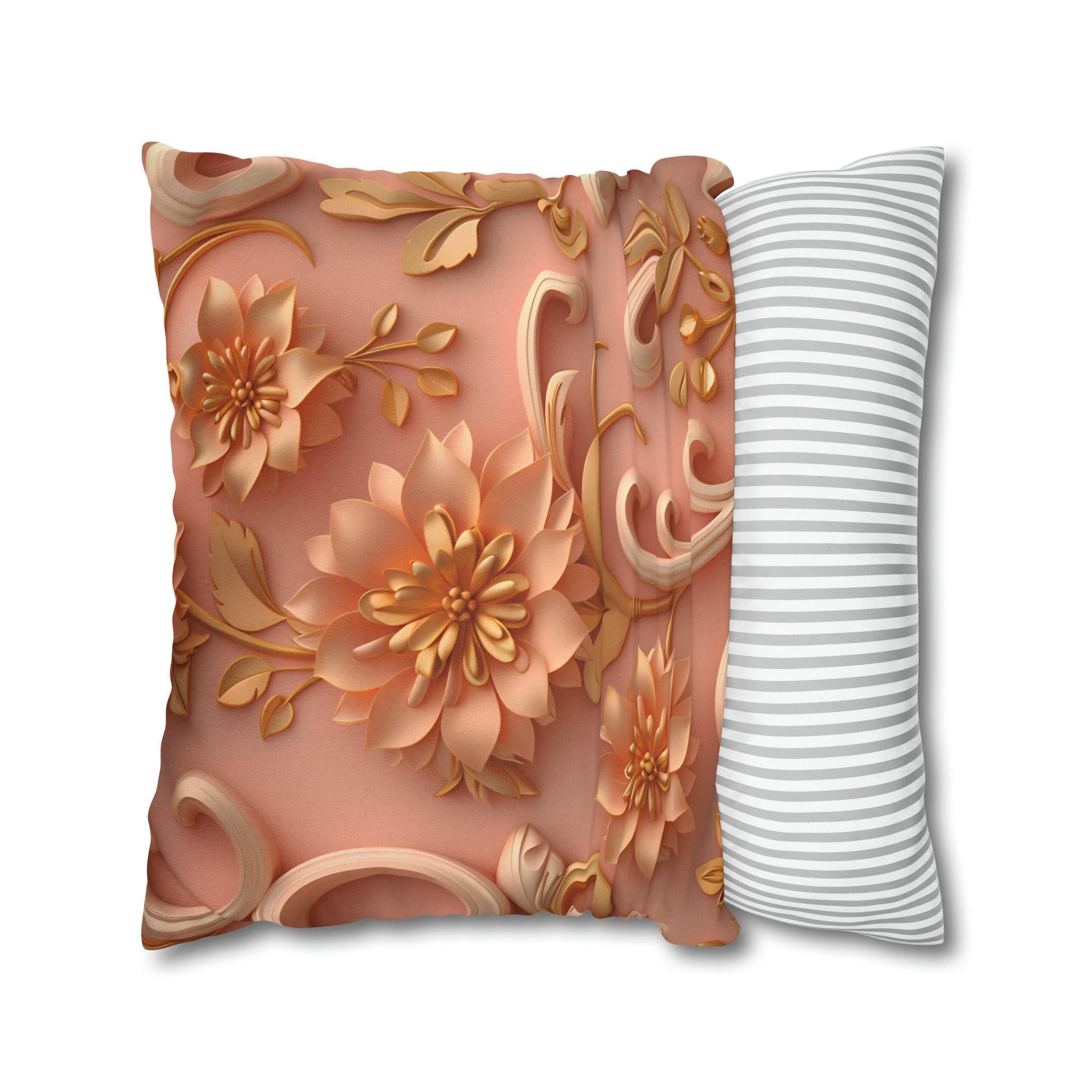 Peach Floral Rococo Pillow Cover: Gold Botanical Accent, Luxury Home Decor