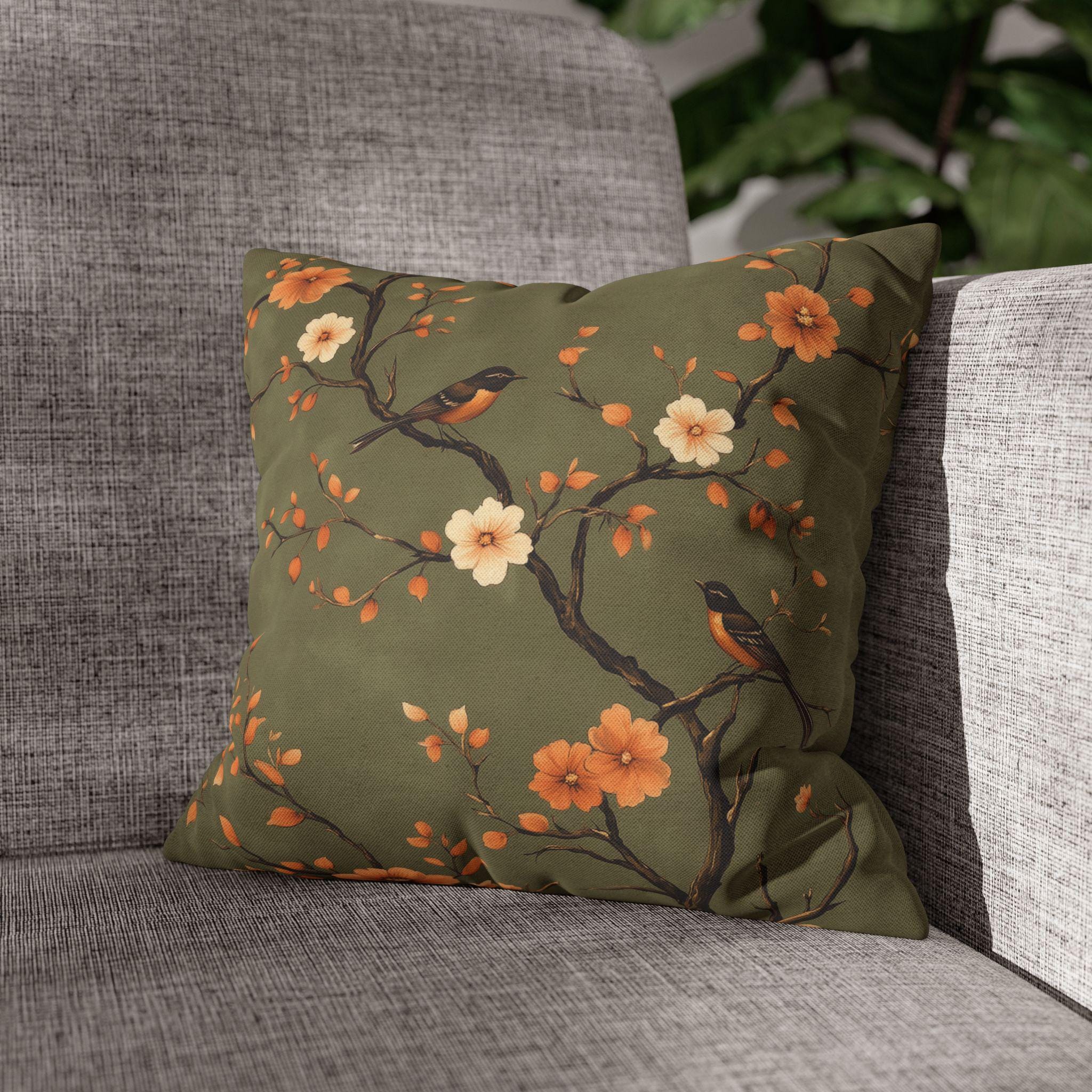 Chinoiserie Bird Pillow Cover: Peach & Brown Floral, Olive Green Accent