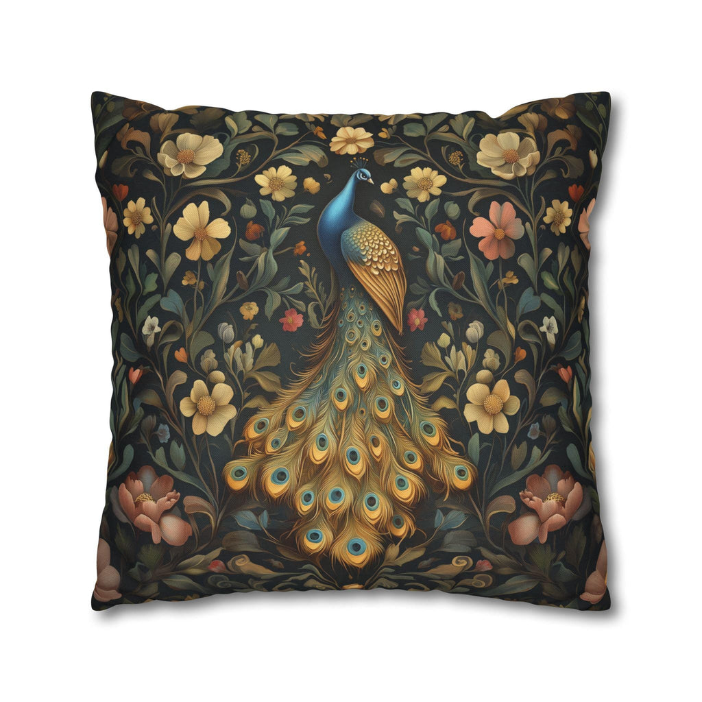 William Morris Inspired Peacock Pillow Cover: Teal-Blue Gold Floral, on a Charcoal Backdrop