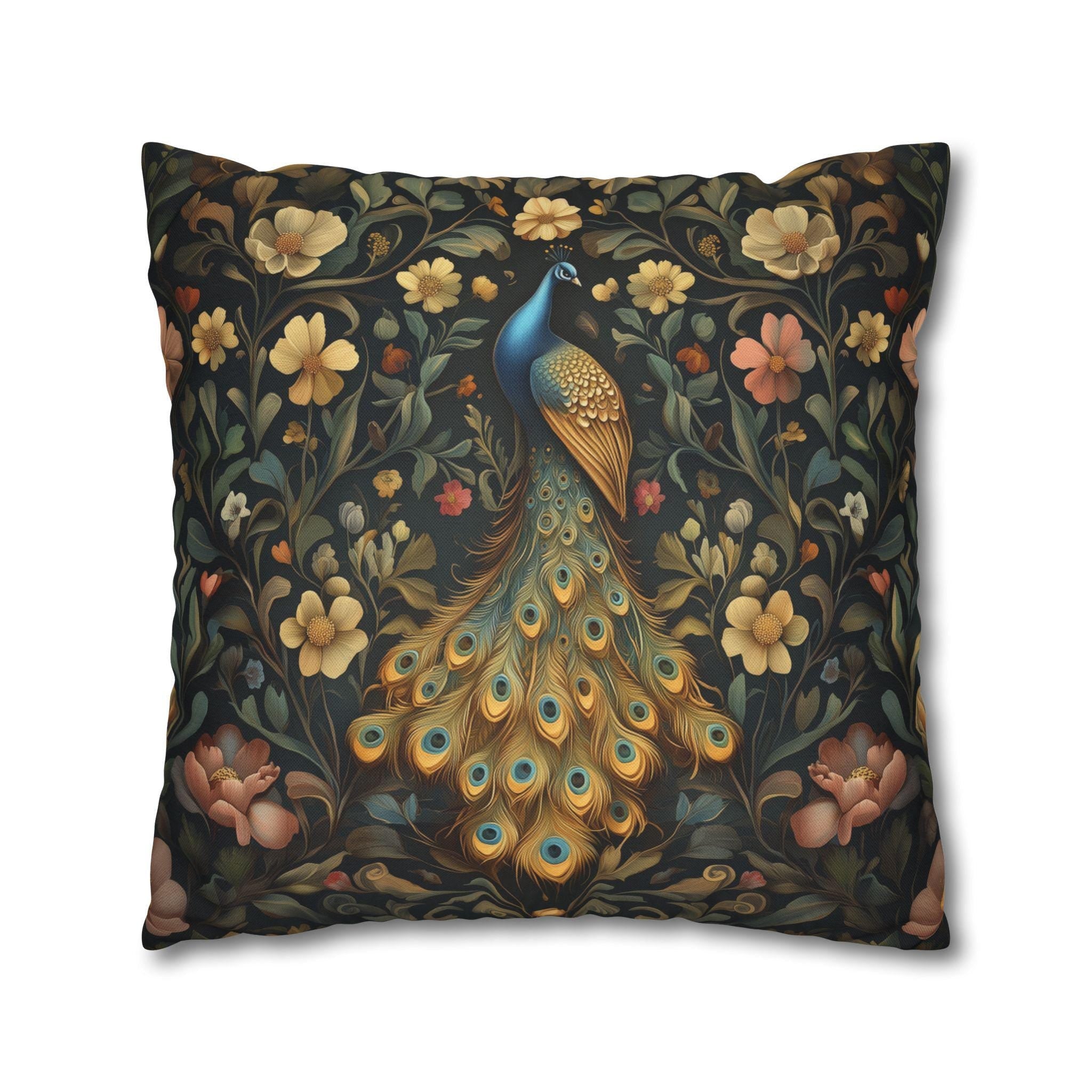 William Morris Inspired Peacock Pillow Cover: Teal-Blue Gold Floral, on a Charcoal Backdrop