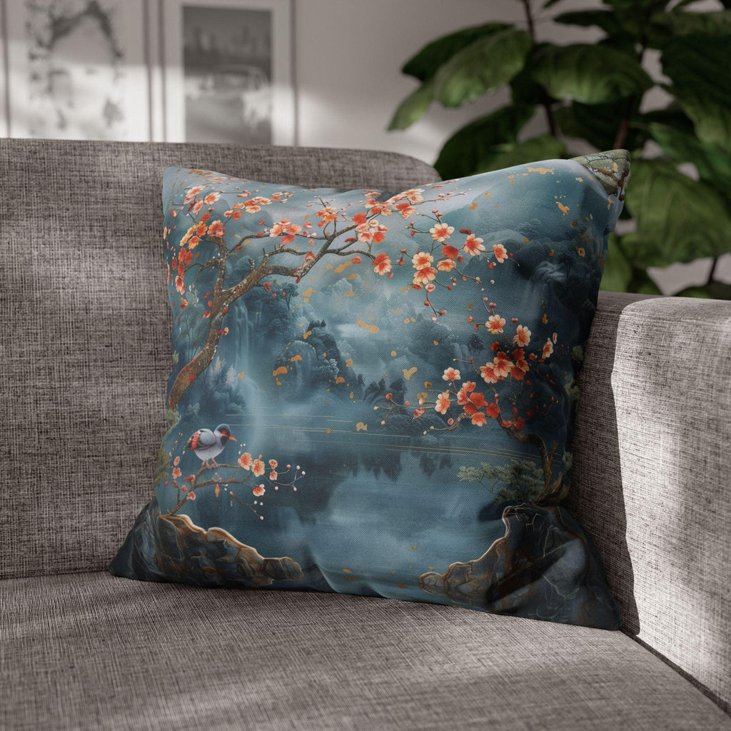 Chinoiserie Watercolor Pillow Cover: Misty Mountain Landscape with Blossoms and Bird Scene
