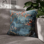 Chinoiserie Watercolor Pillow Cover: Misty Mountain Landscape with Blossoms and Bird Scene