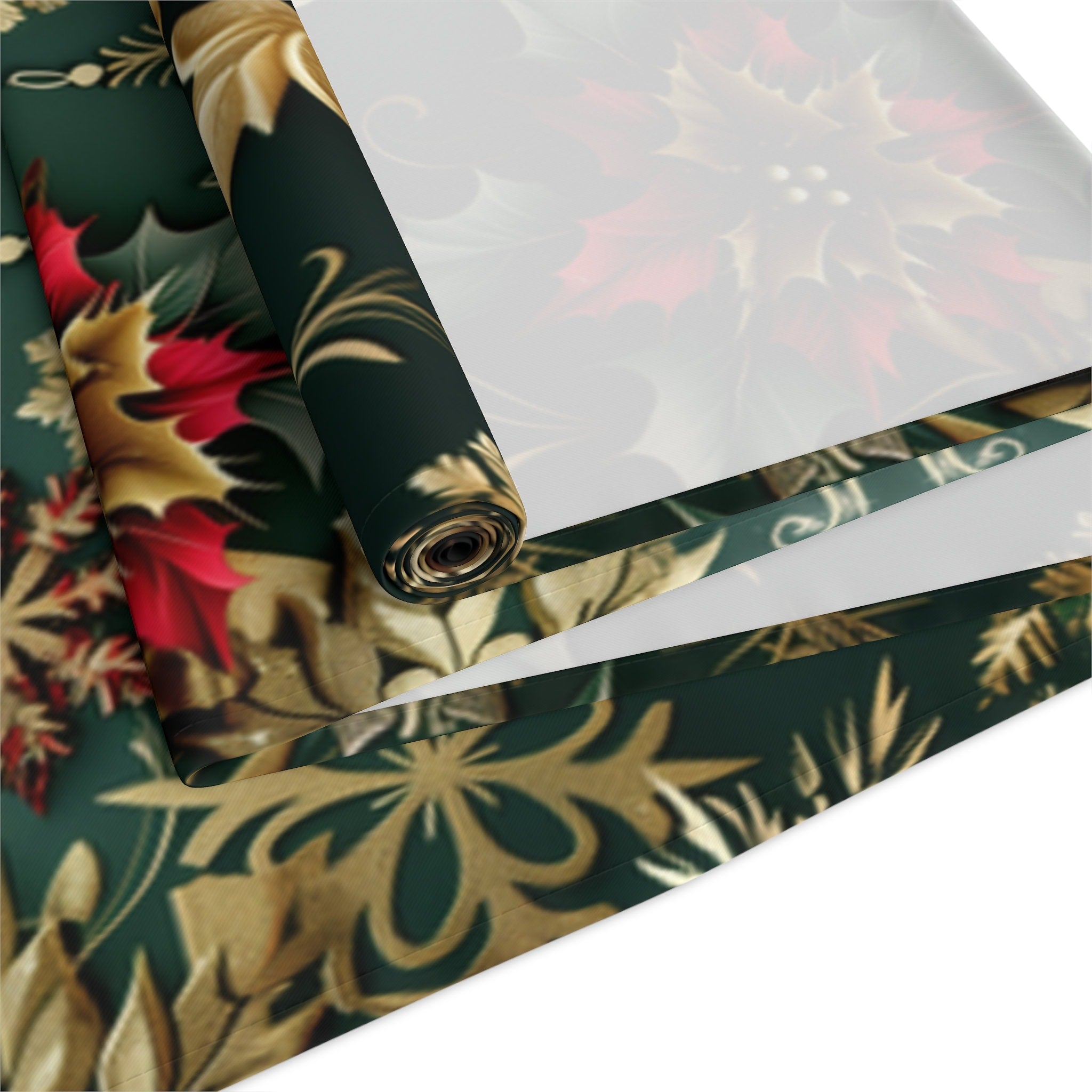 Poinsettia Christmas Table Runner: Emerald, Gold Snowflakes, Holiday Dining