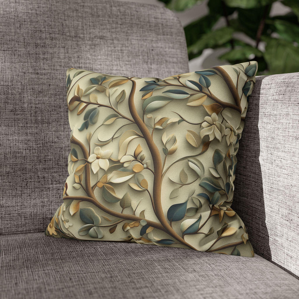 Elegant William Morris Inspired Botanical Pillow Cover - Floral Cushion in Green, Gold, and Beige