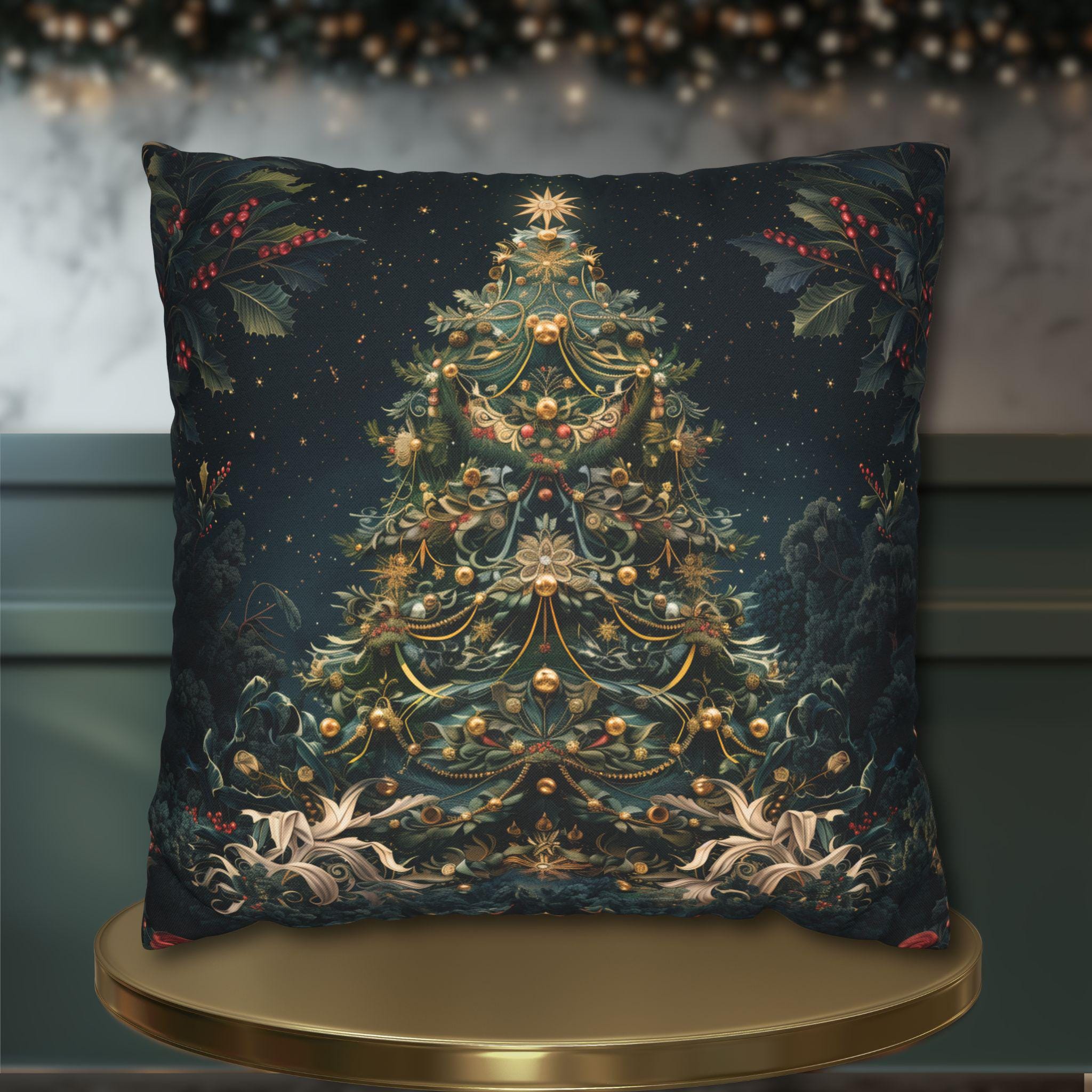 William Morris Inspired Christmas Tree Pillow Cover: Vintage Holiday Decor with Dark Blue-Green Back