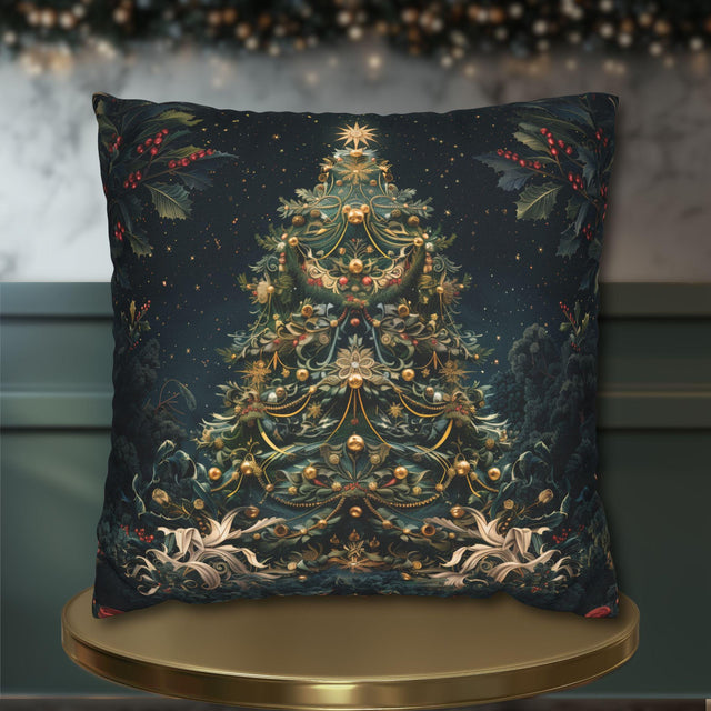William Morris Inspired Christmas Tree Pillow Cover: Vintage Holiday Decor with Dark Blue-Green Back