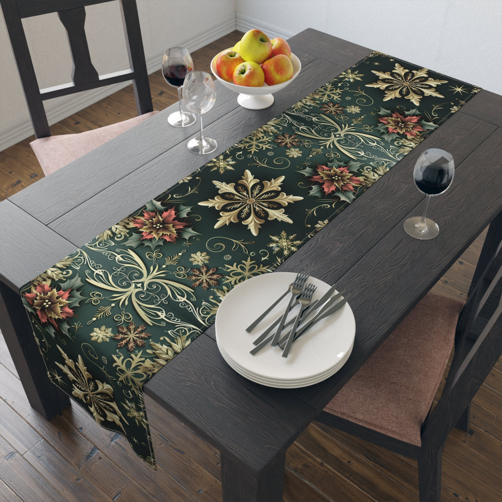 Poinsettia Christmas Table Runner: Emerald, Gold Snowflakes, Holiday Dining