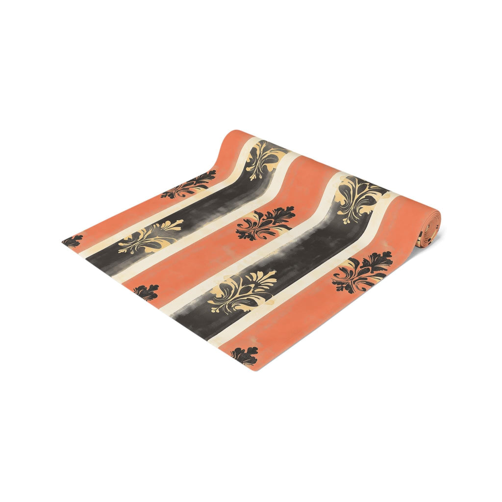 Elegant Patriotic Farmhouse Table Runner: Red, White & Navy Stripes with Gold Damask Floral Motifs