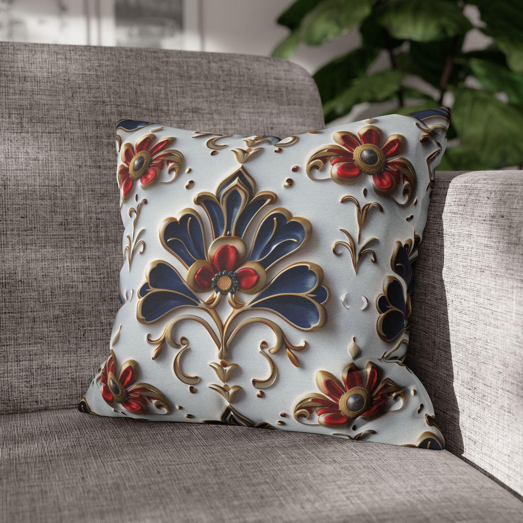 Baroque Floral Pillow Cover: Navy Blue, Gold & Red Accent