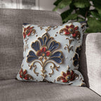 Baroque Floral Pillow Cover: Navy Blue, Gold & Red Accent