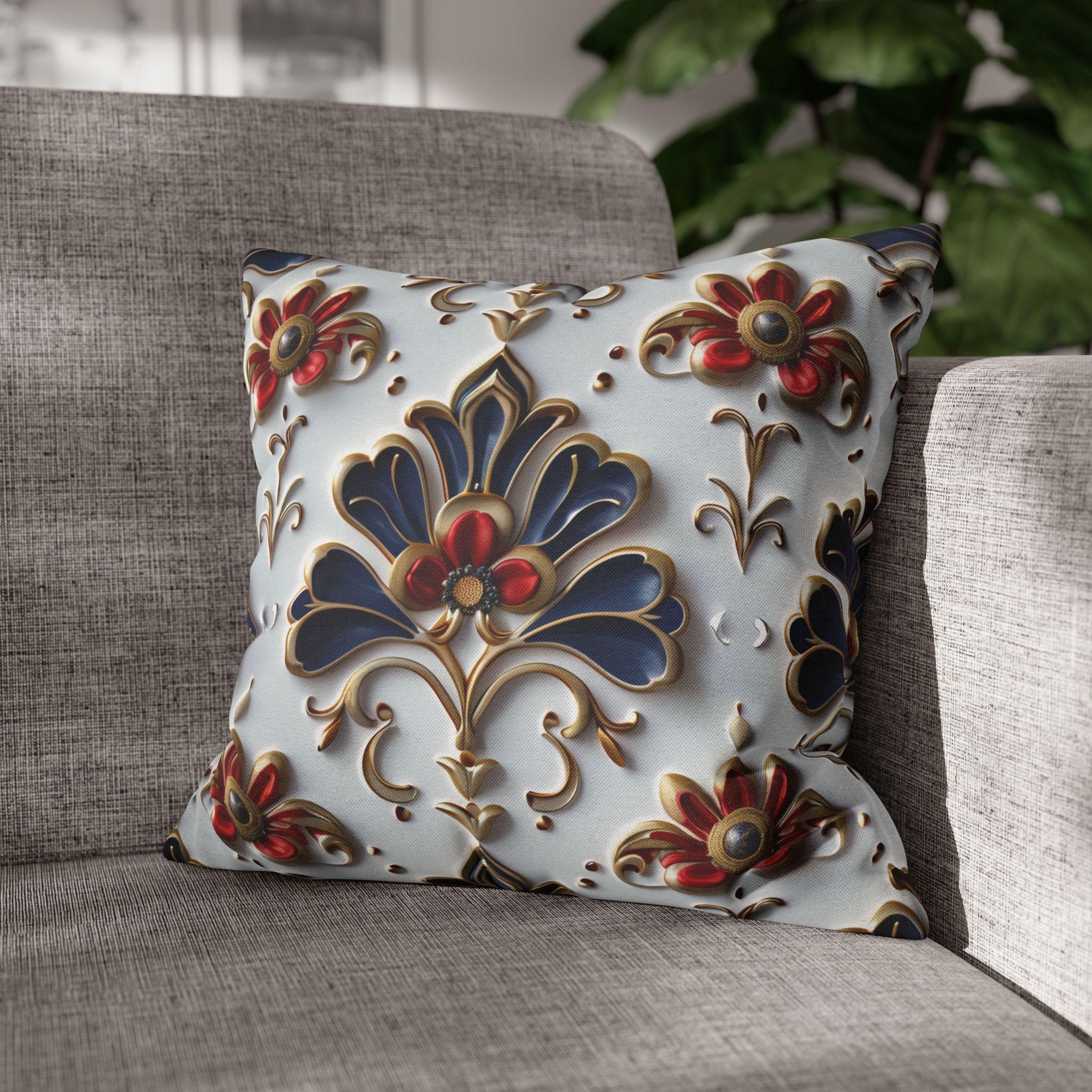 Baroque Floral Pillow Cover: Navy Blue, Gold & Red Accent