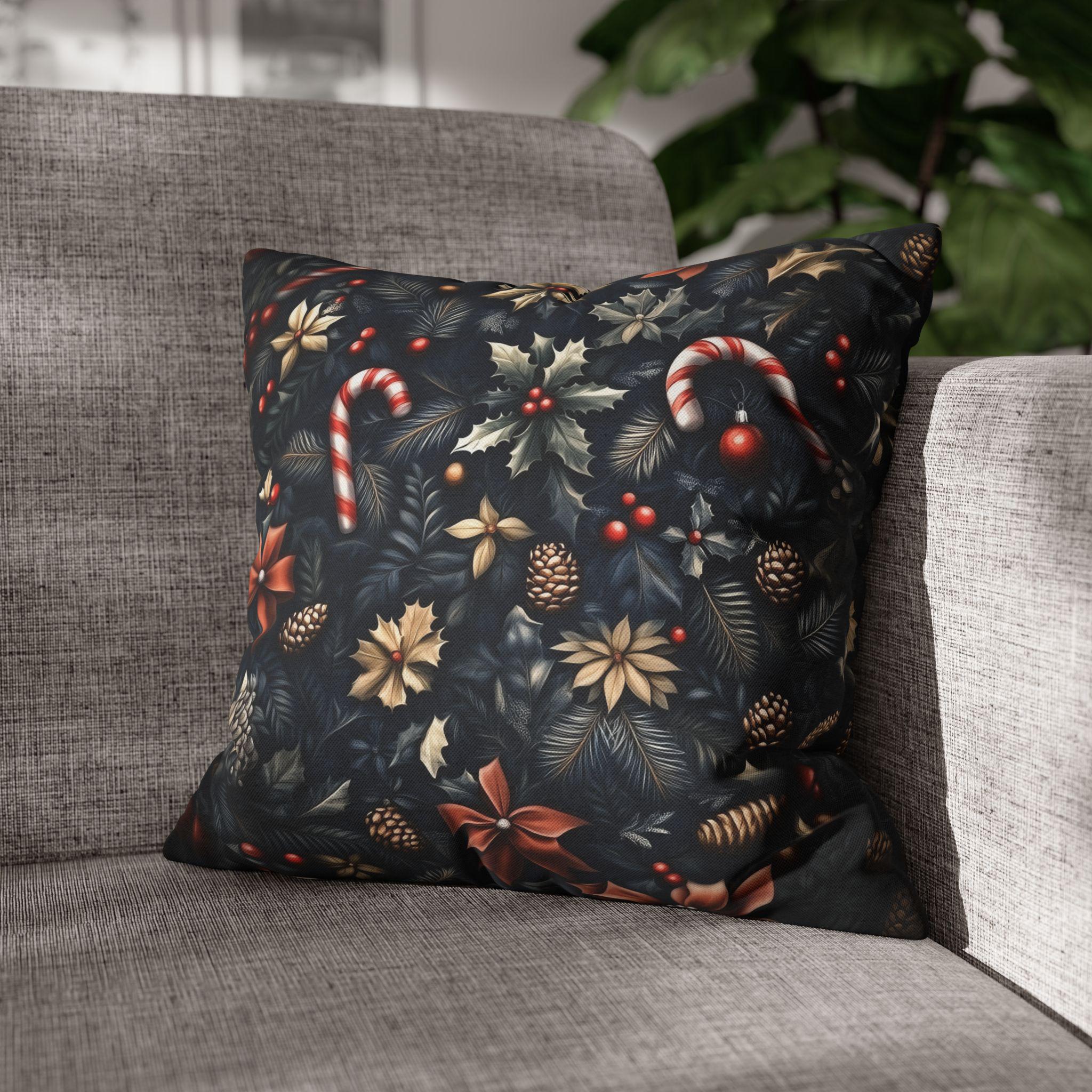 William Morris Christmas Pillow Cover: Navy, Gold & Cranberry with Holly, Candy Canes and Pinecones