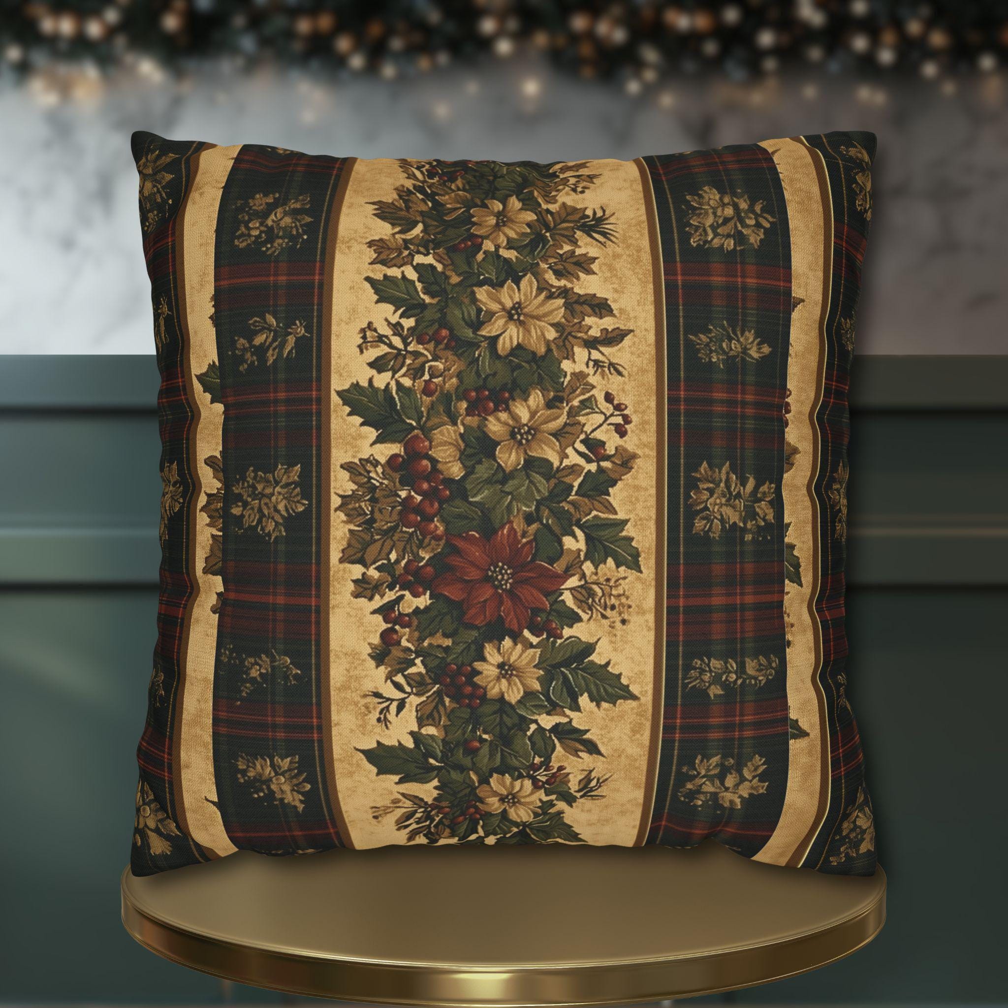 Plaid Botanical Stripes Christmas Throw Pillow Cover: Vintage Style with Poinsettias and Holly