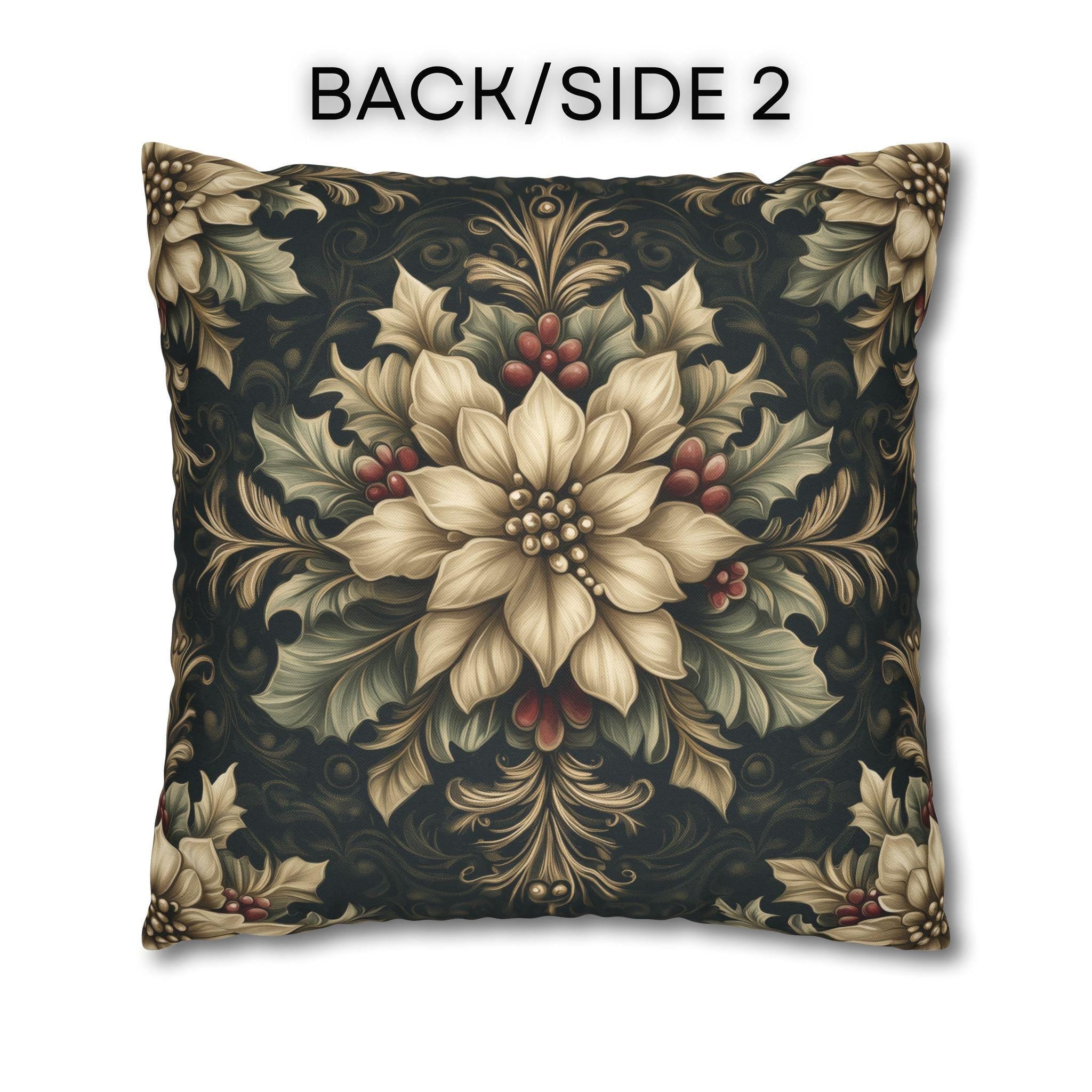 William Morris Christmas Pillow Cover: Ivory Poinsettia & Holly on Midnight Green