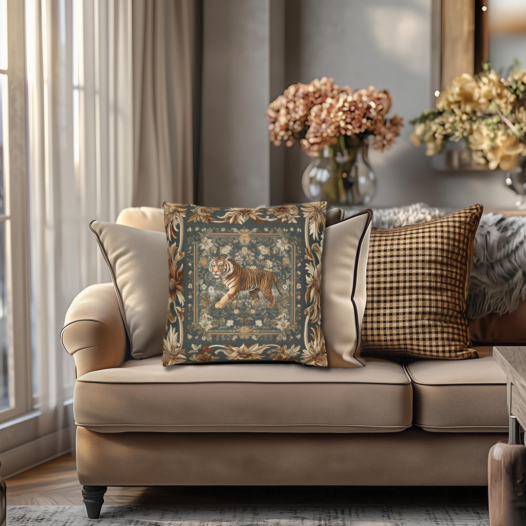 Tibetan Tiger Botanical Tapestry Pillow Cover: William Morris Inspired Garden Art
