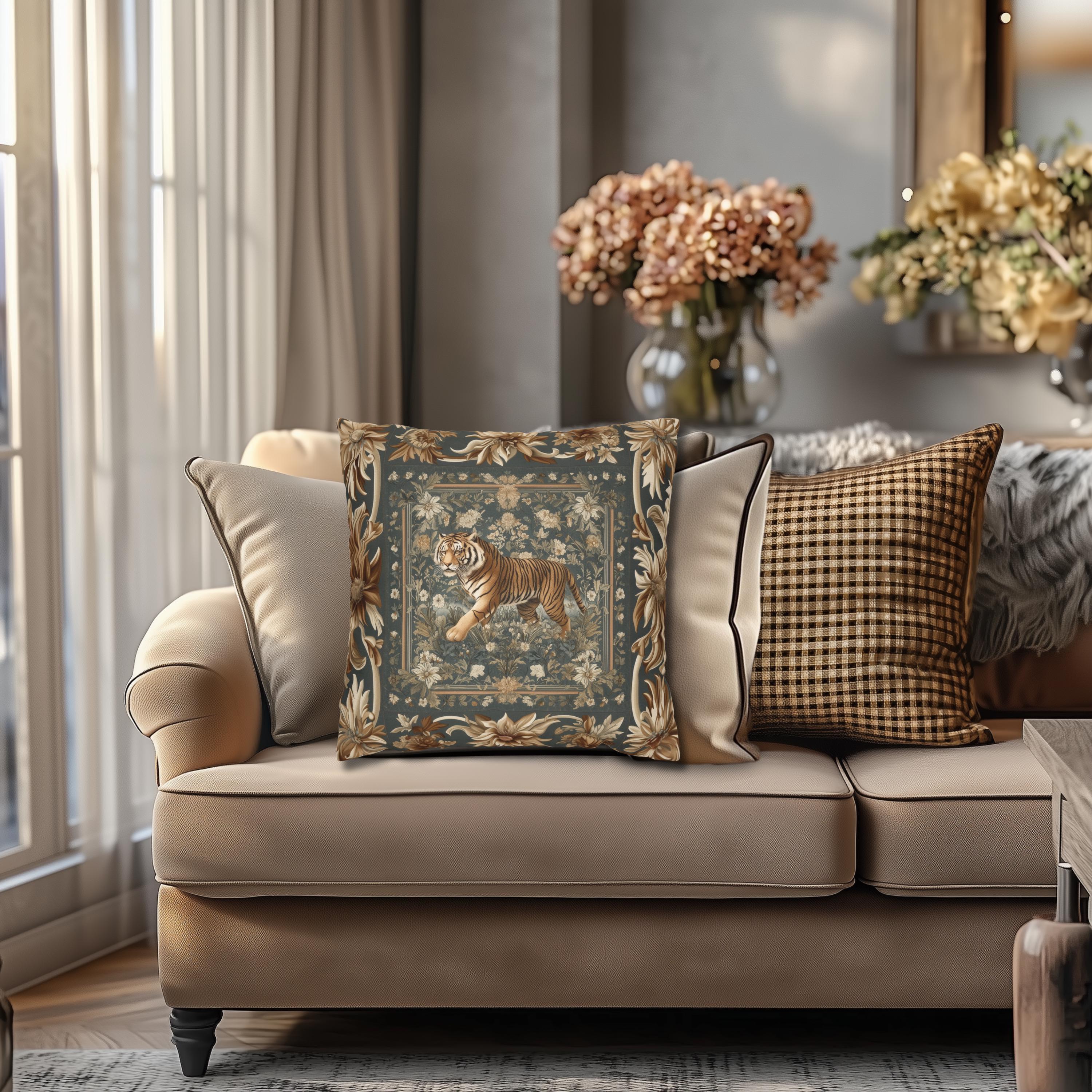 Tibetan Tiger Botanical Tapestry Pillow Cover: William Morris Inspired Garden Art