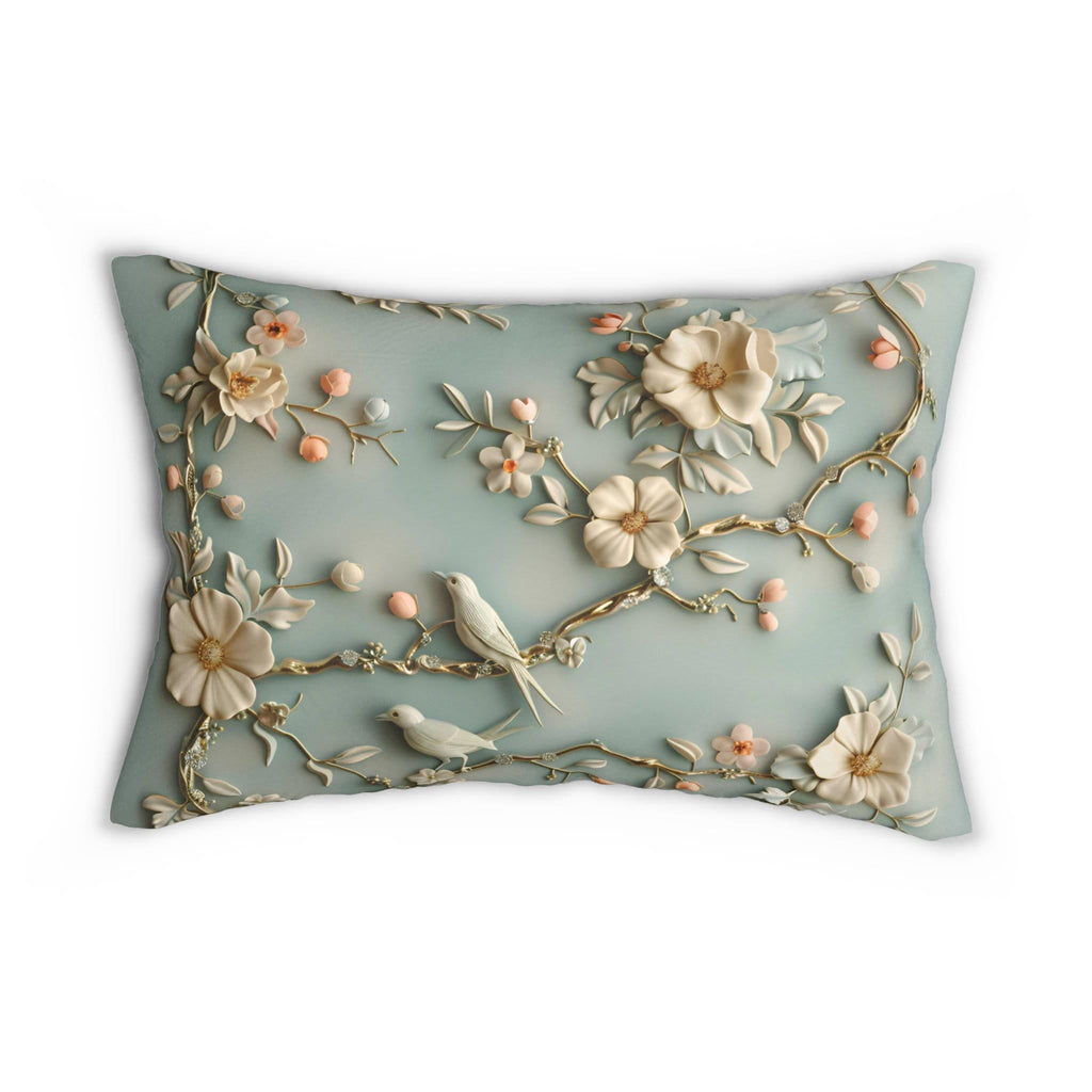 Serene Chinoiserie Lumbar Pillow: Pastel Blue-Green Birds & Blooms 3D Nature-Inspired Accent Cushion
