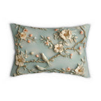 Serene Chinoiserie Lumbar Pillow: Pastel Blue-Green Birds & Blooms 3D Nature-Inspired Accent Cushion