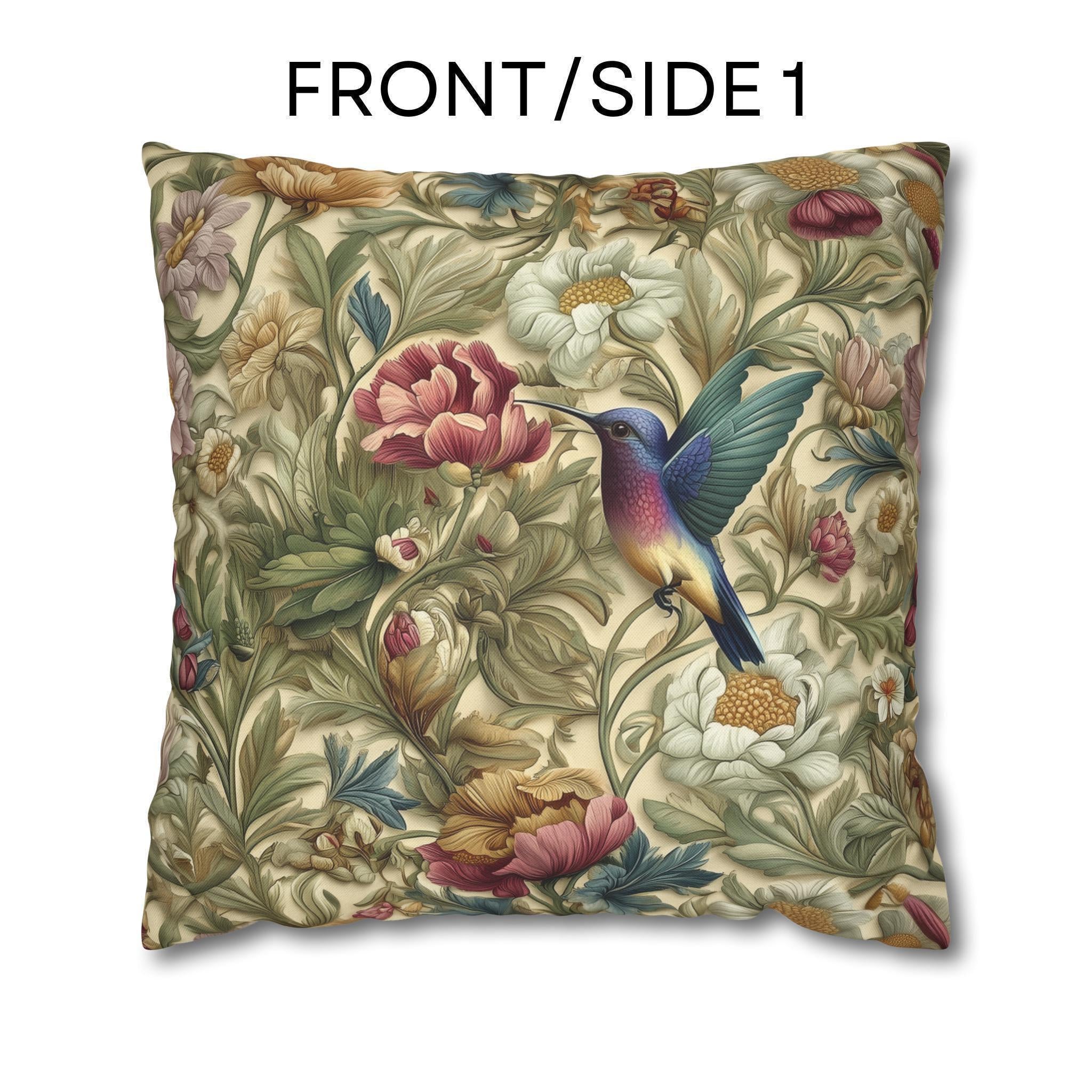 William Morris Inspired Botanical Pillow Cover: Vintage Style Hummingbird & Blooms