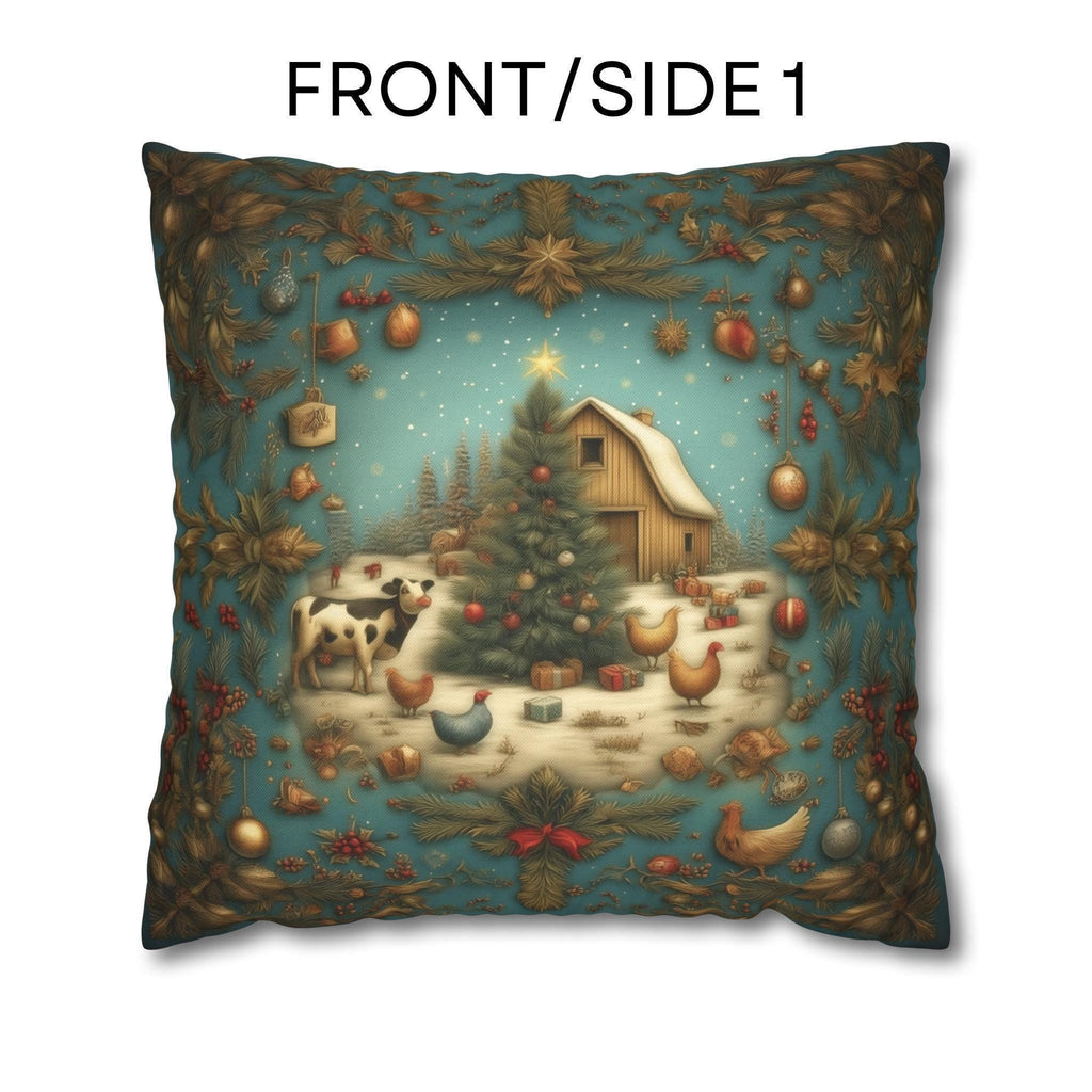Country Christmas Farmhouse Pillow Cover: Barnyard Holiday Scene