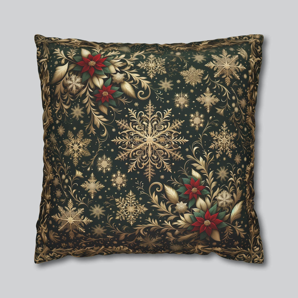 Poinsettia Christmas Pillow Cover: Gold Snowflakes on Emerald Green