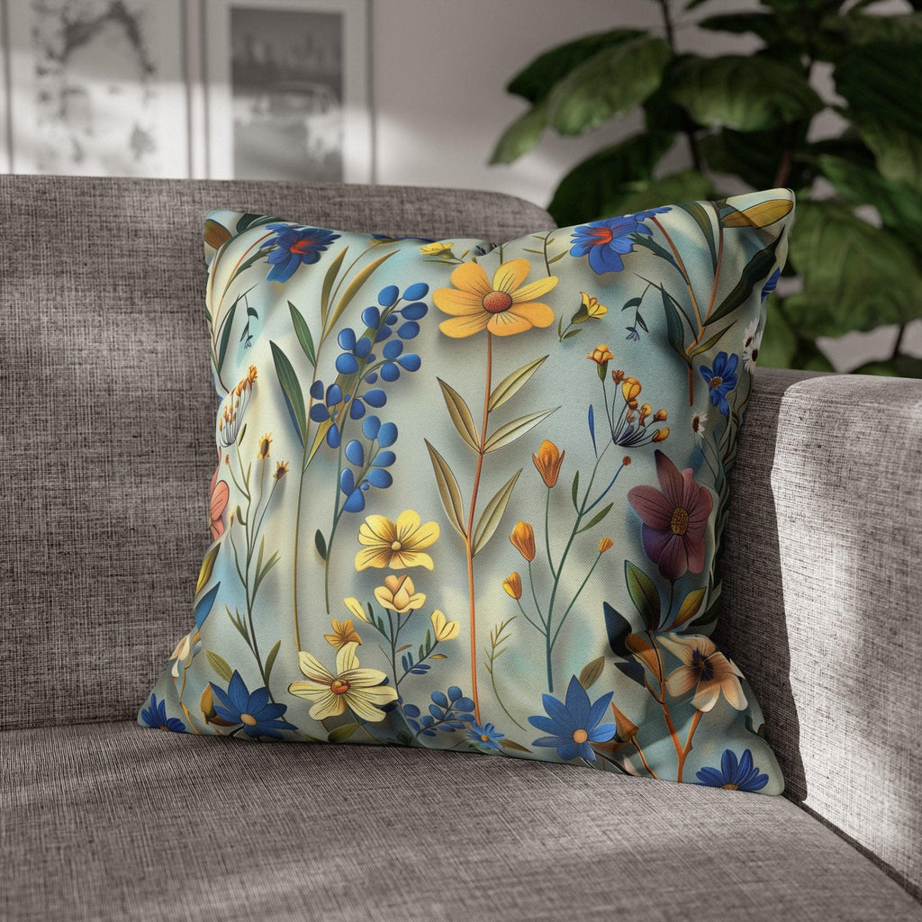 Floral Garden Pillow Cover: Rich Blue Yellow Pink Flowers